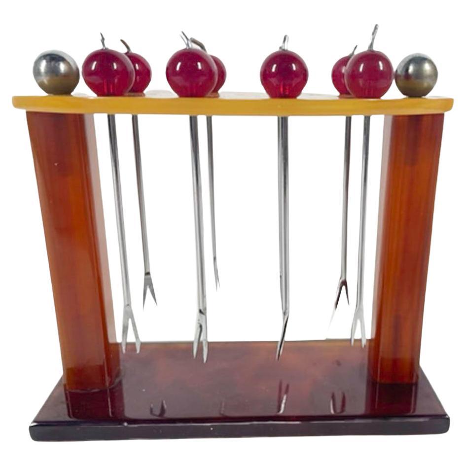 Juego de picos de cóctel de baquelita de carey y caramelo art déco francés