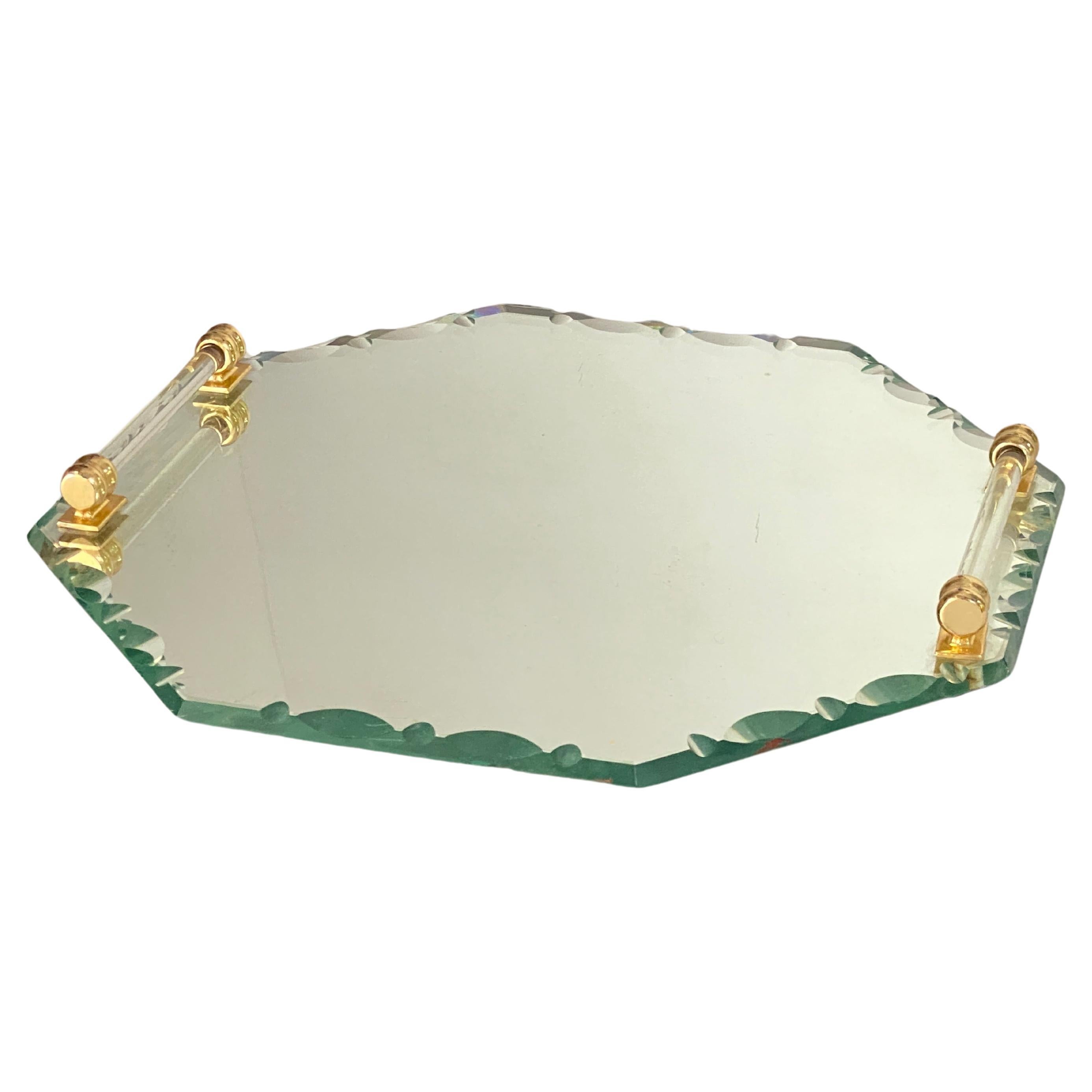 French Art Deco Tray Beveled Mirror Brass Handles circa Saint Gobain Glass For Sale