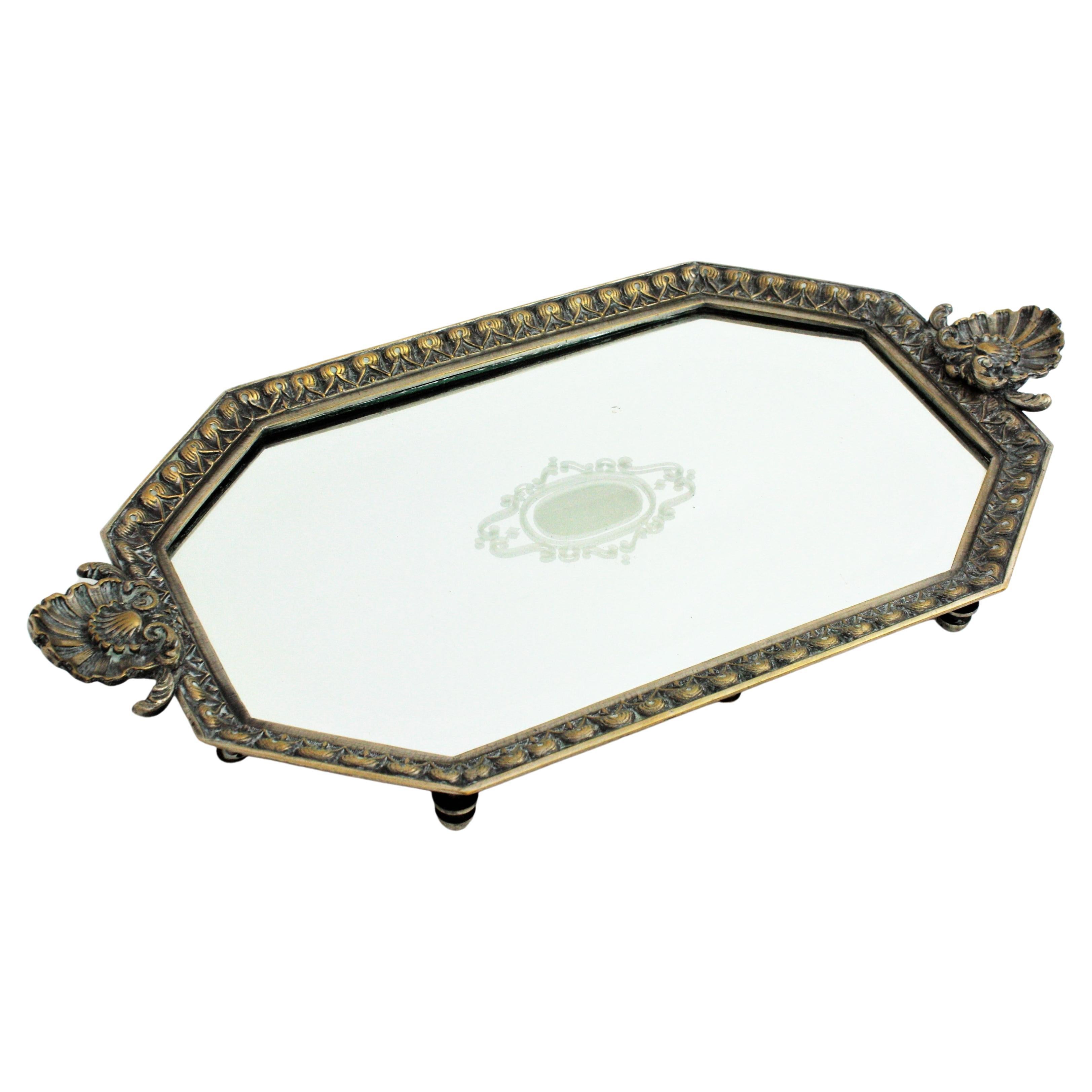 French Art Deco Tray with Shell Motif, Bronze and Etched Mirror For Sale