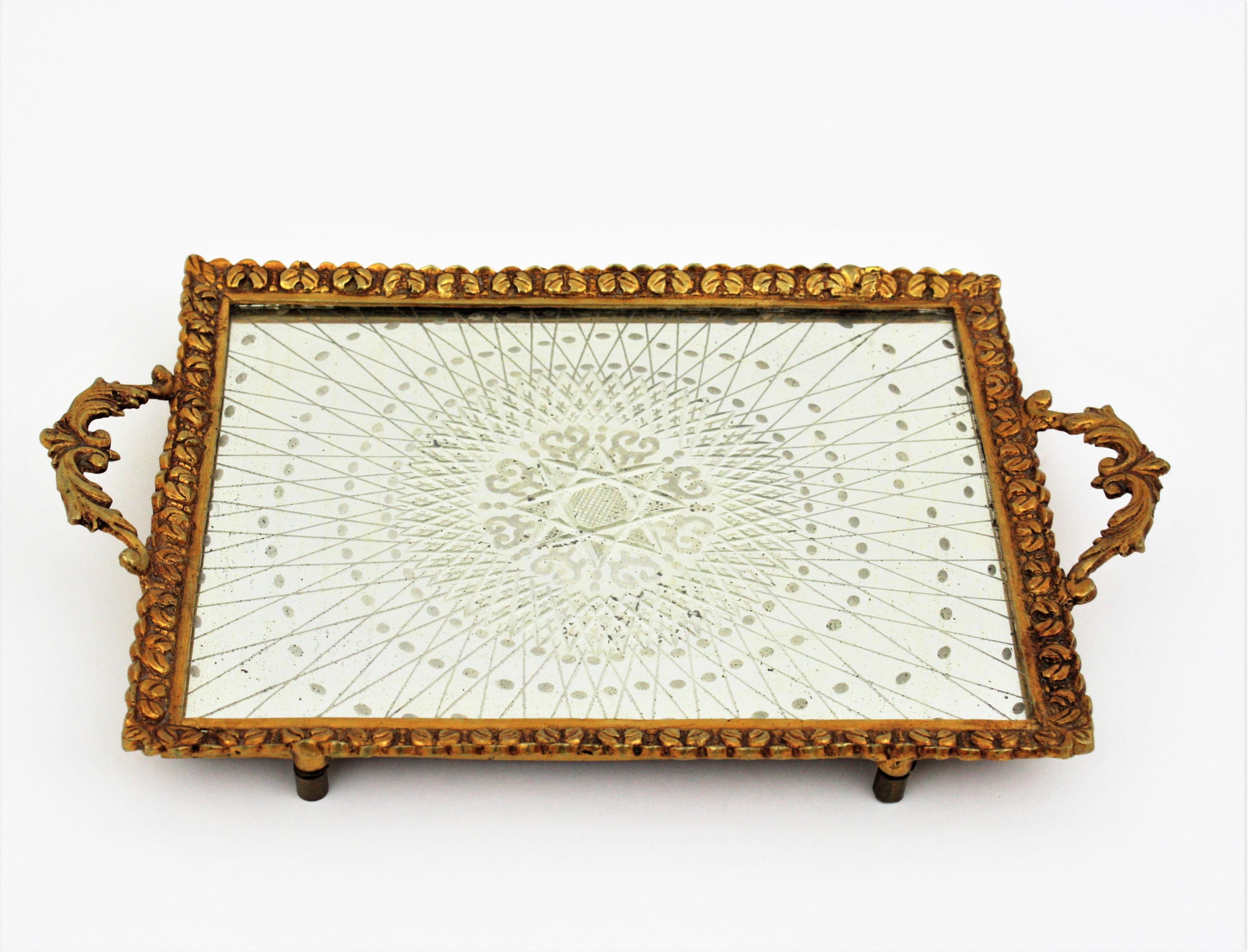 Französisches Art-Deco-Tablett mit Sternmotiv, Bronze und geätztem Spiegel (20. Jahrhundert) im Angebot