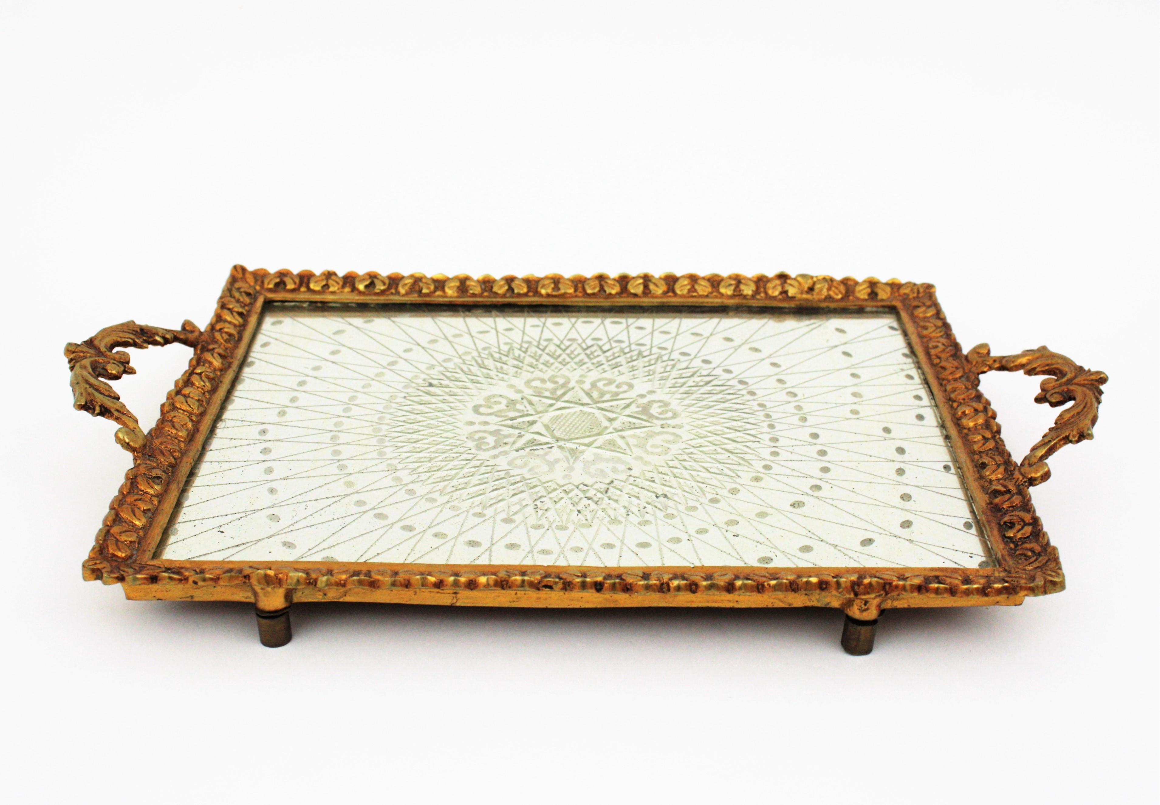 French Art Deco Tray with Star Motif, Bronze and Etched Mirror For Sale 3