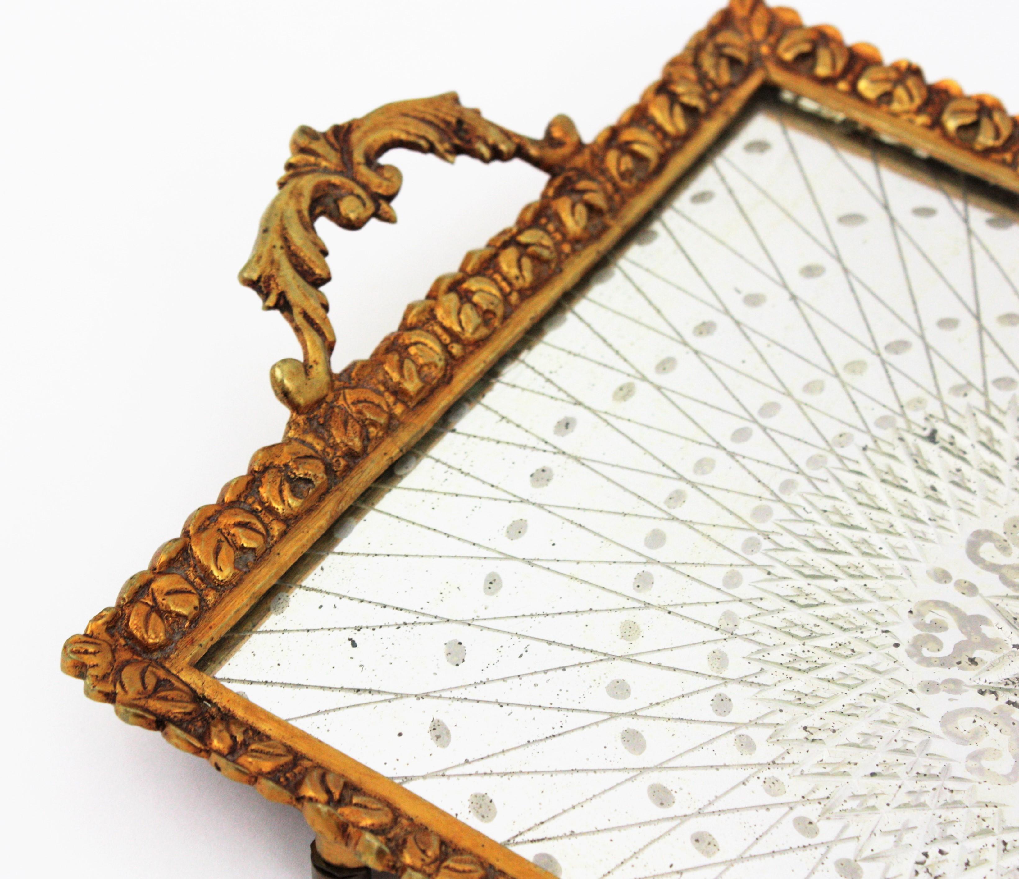 Französisches Art-Deco-Tablett mit Sternmotiv, Bronze und geätztem Spiegel im Angebot 3