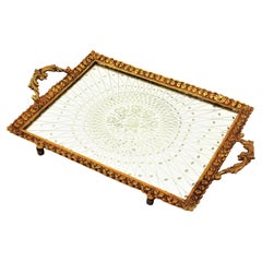 French Art Deco Tray with Star Motif, Bronze and Etched Mirror