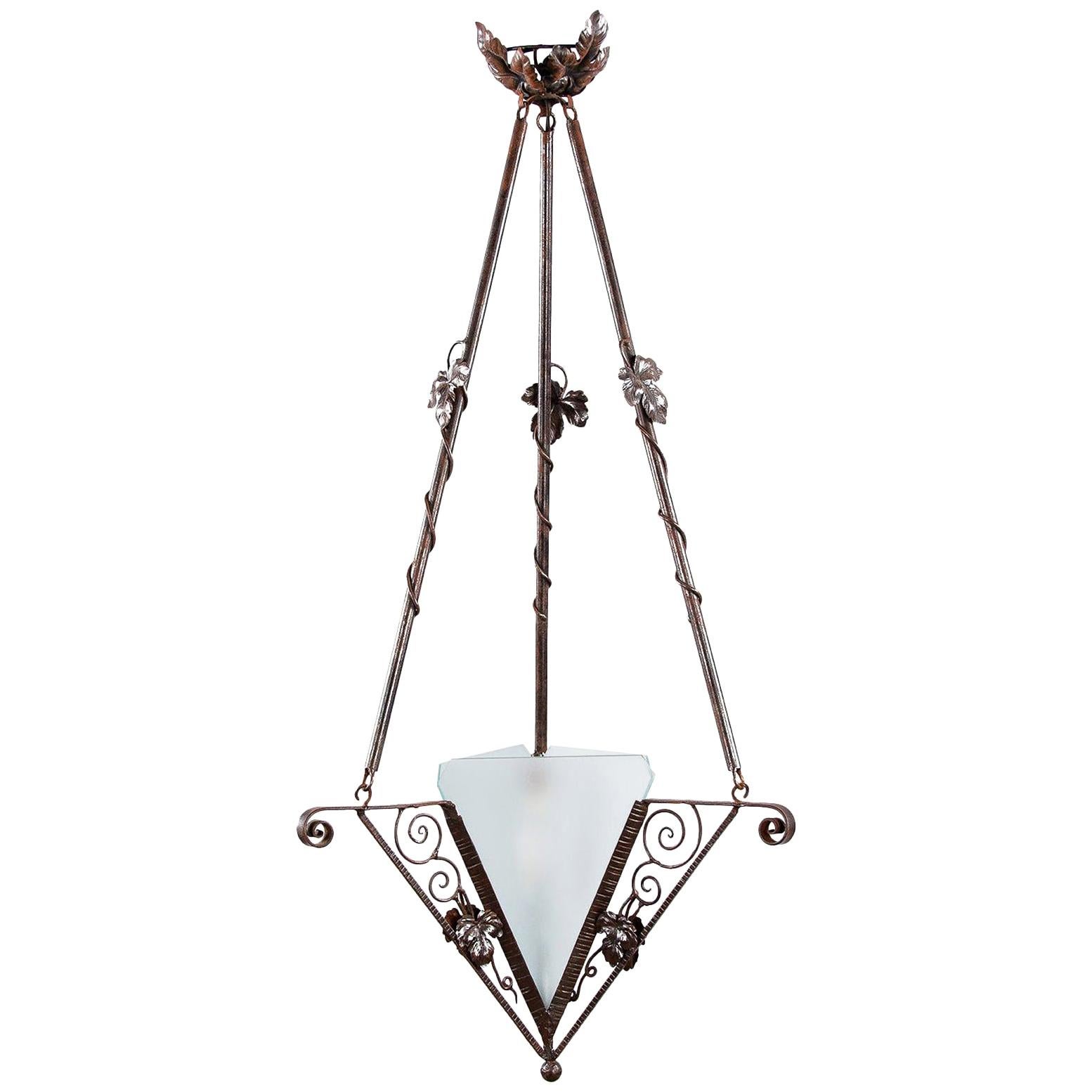French Art Deco Triangular Wrought Iron and Frosted Glass Chandelier, 1930s