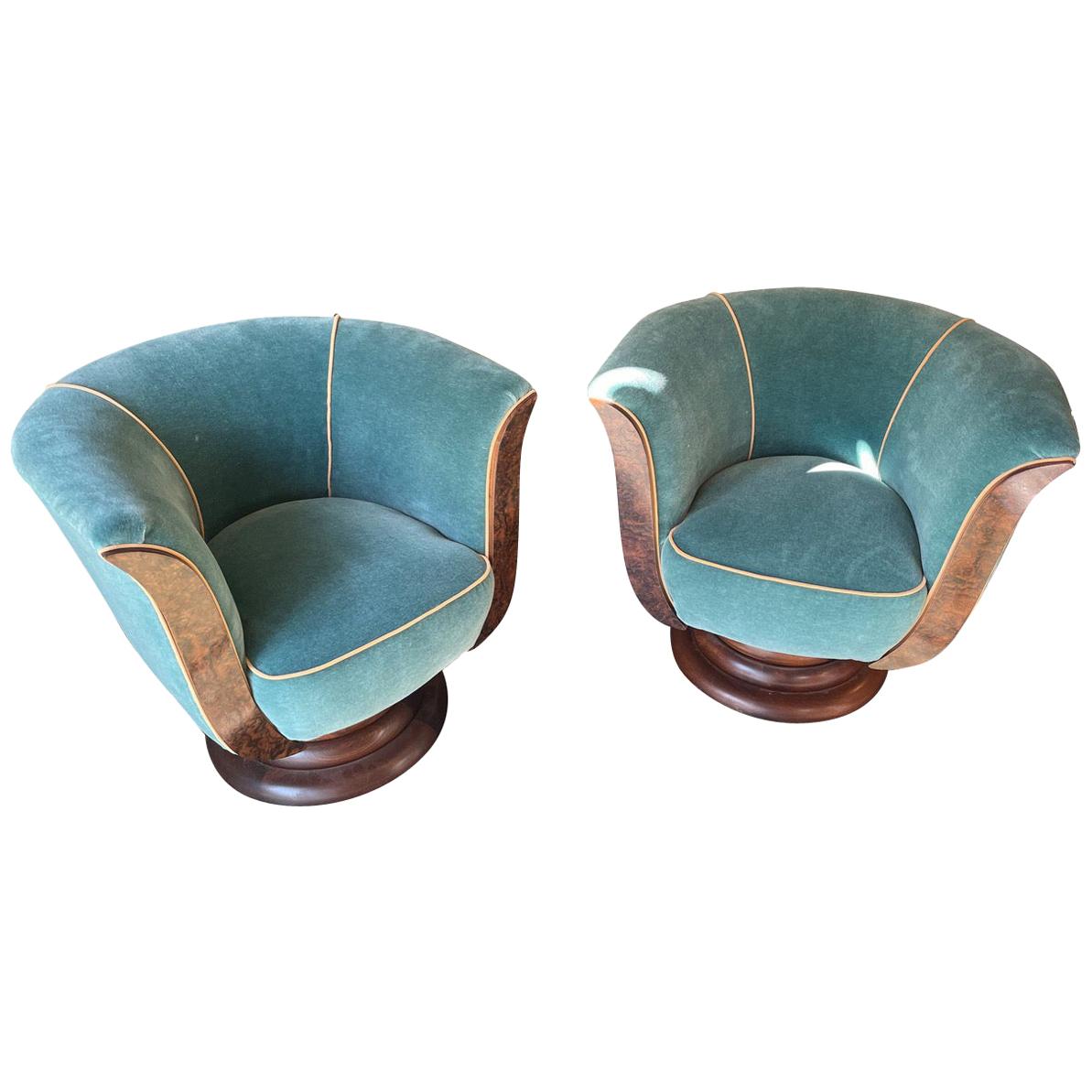 French Art Deco Tulip Swivel Chairs Mohair