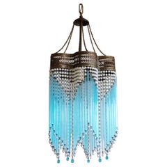 French Art Deco Turquoise Glass Rod Chandelier Brass Mounted, 1930-1939