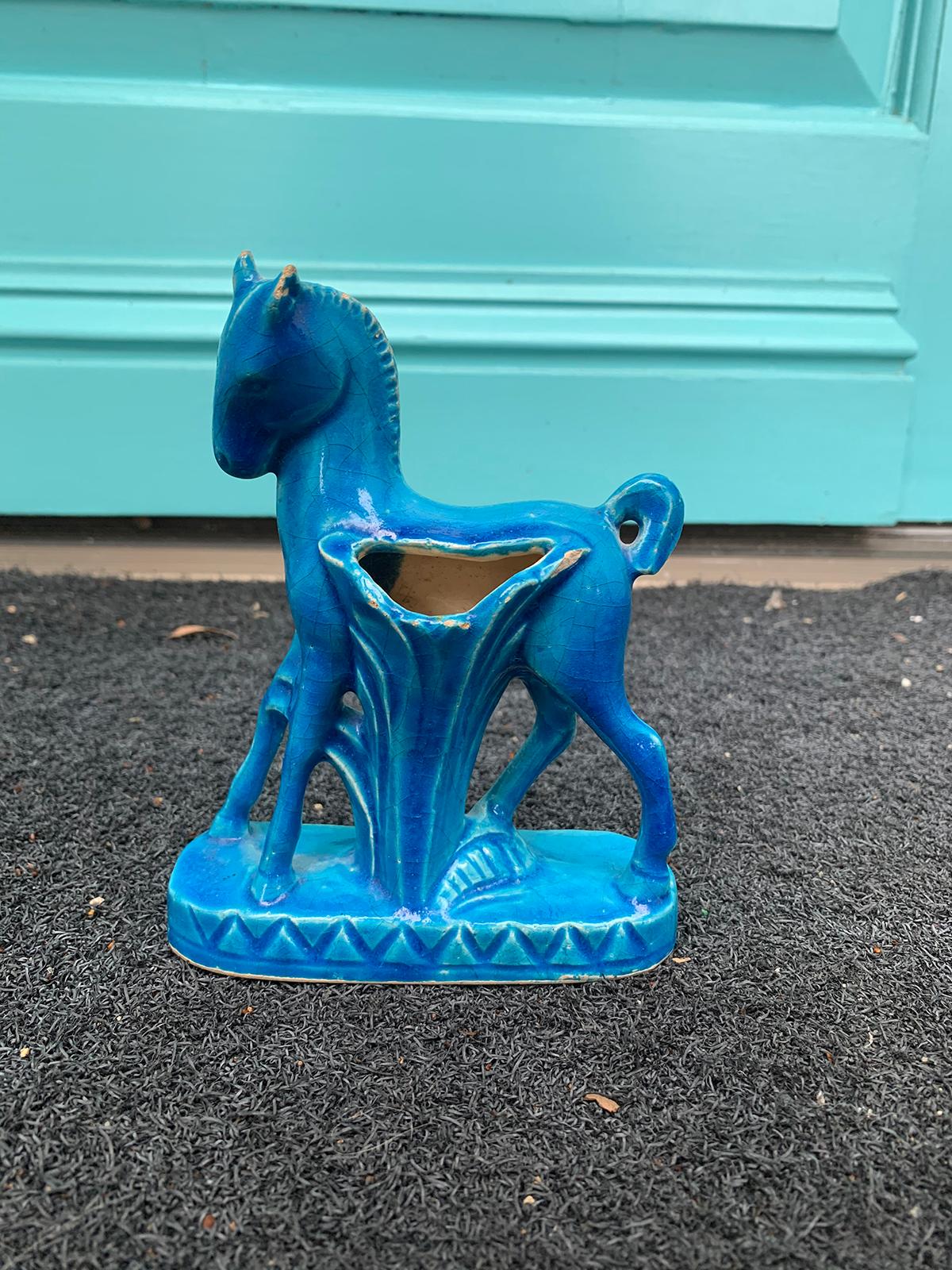 French Art Deco Turquoise Horse Vase Attributed to Raoul Lachenal, Marked In Good Condition In Atlanta, GA