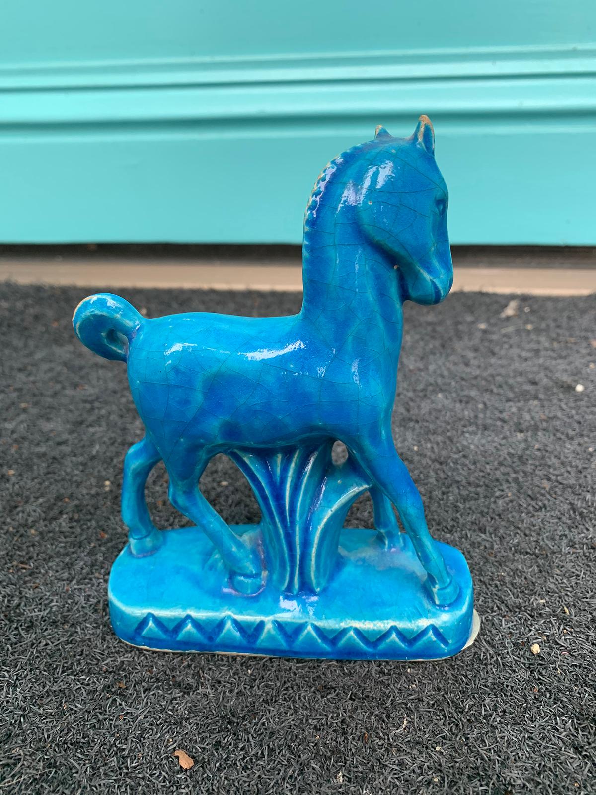 French Art Deco Turquoise Horse Vase Attributed to Raoul Lachenal, Marked 3
