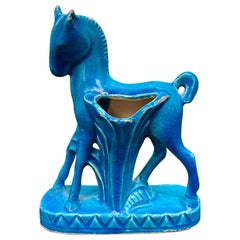 French Art Deco Turquoise Horse Vase Attributed to Raoul Lachenal, Marked