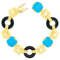 French Art Deco Turquoise, Onyx and Gold Bracelet