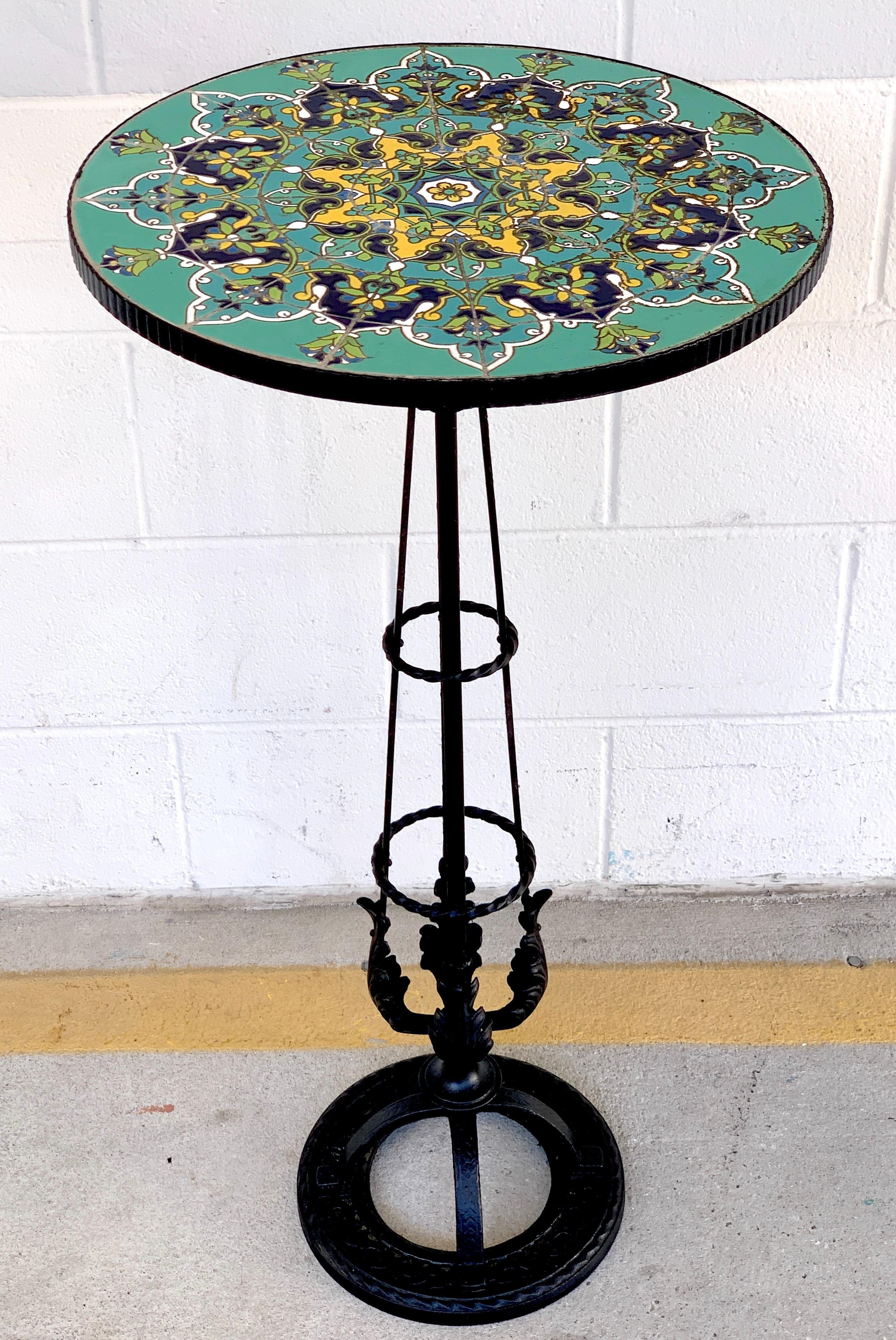 Enameled French Art Deco Turquoise Tile and Wrought Iron Pedestal Table For Sale