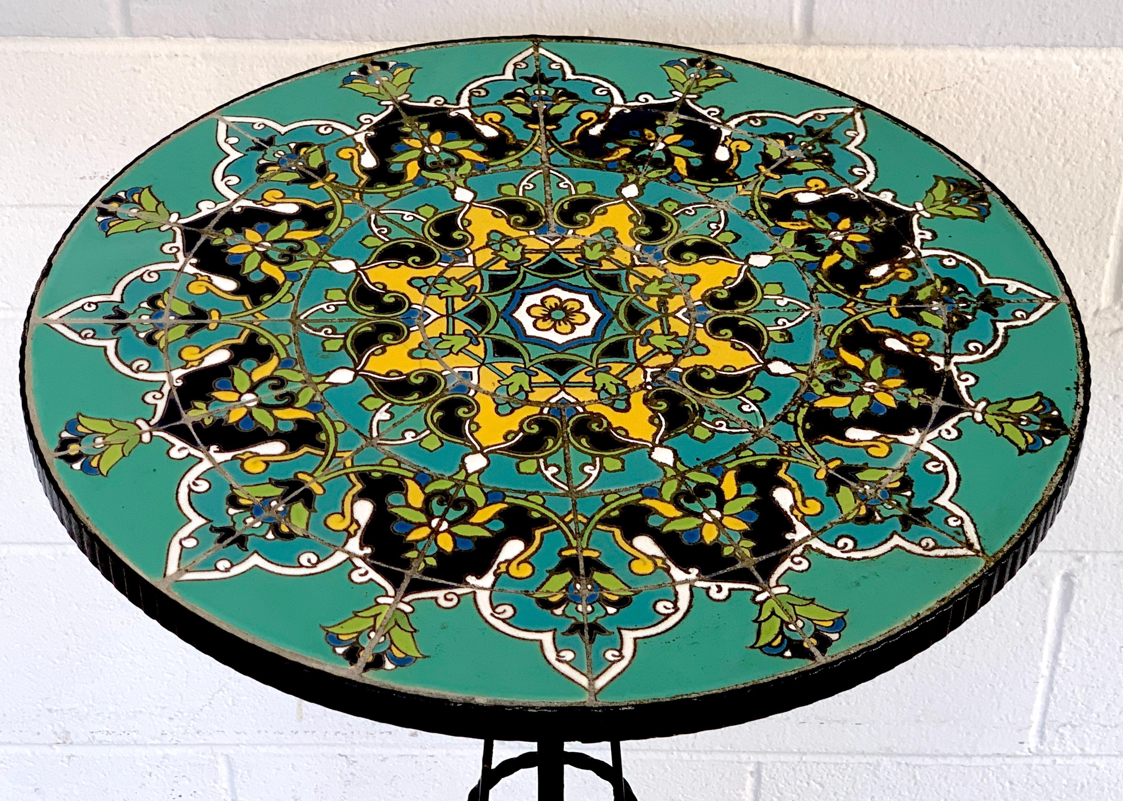 20th Century French Art Deco Turquoise Tile and Wrought Iron Pedestal Table For Sale
