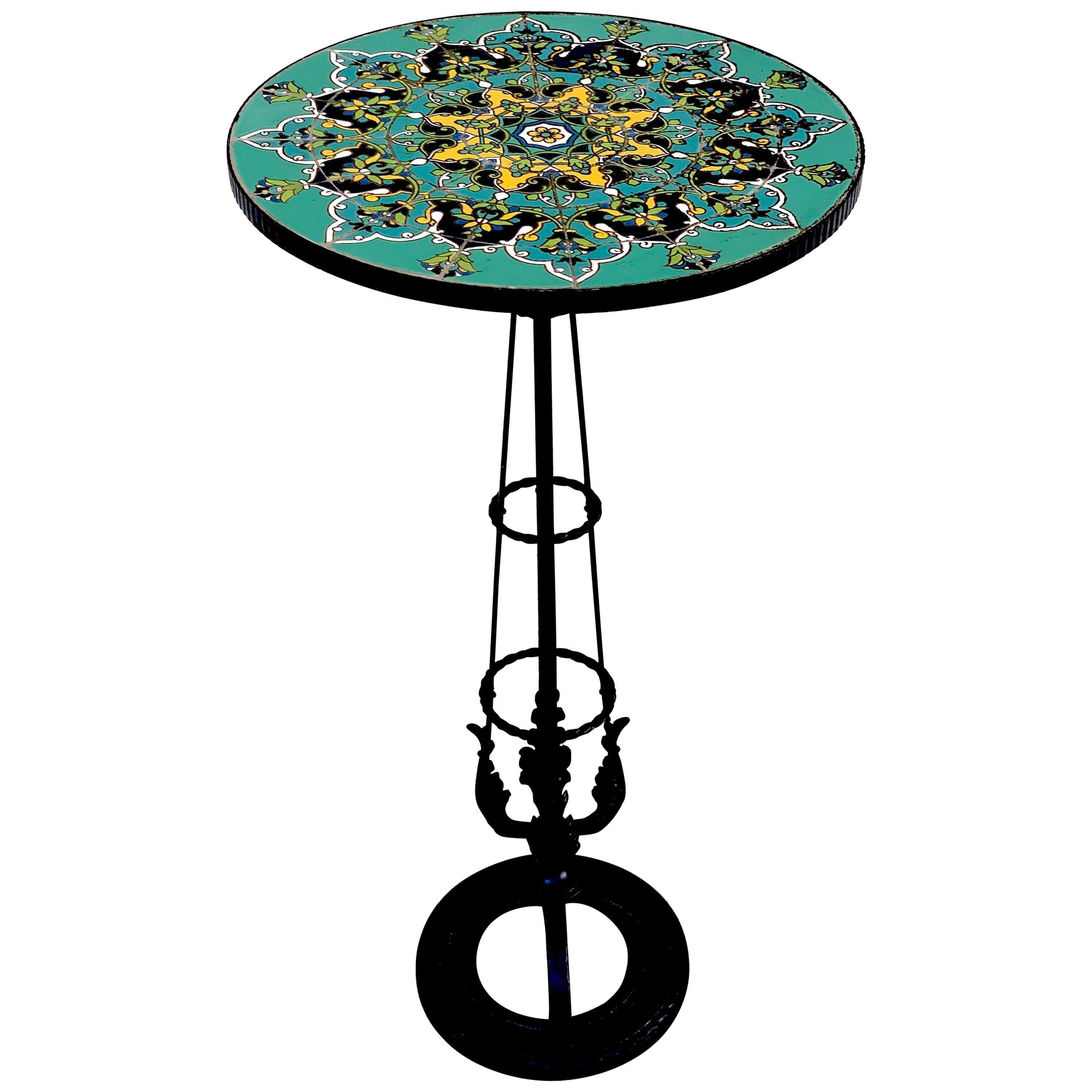 French Art Deco Turquoise Tile and Wrought Iron Pedestal Table For Sale