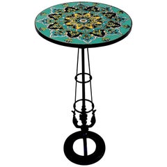 French Art Deco Turquoise Tile and Wrought Iron Pedestal Table