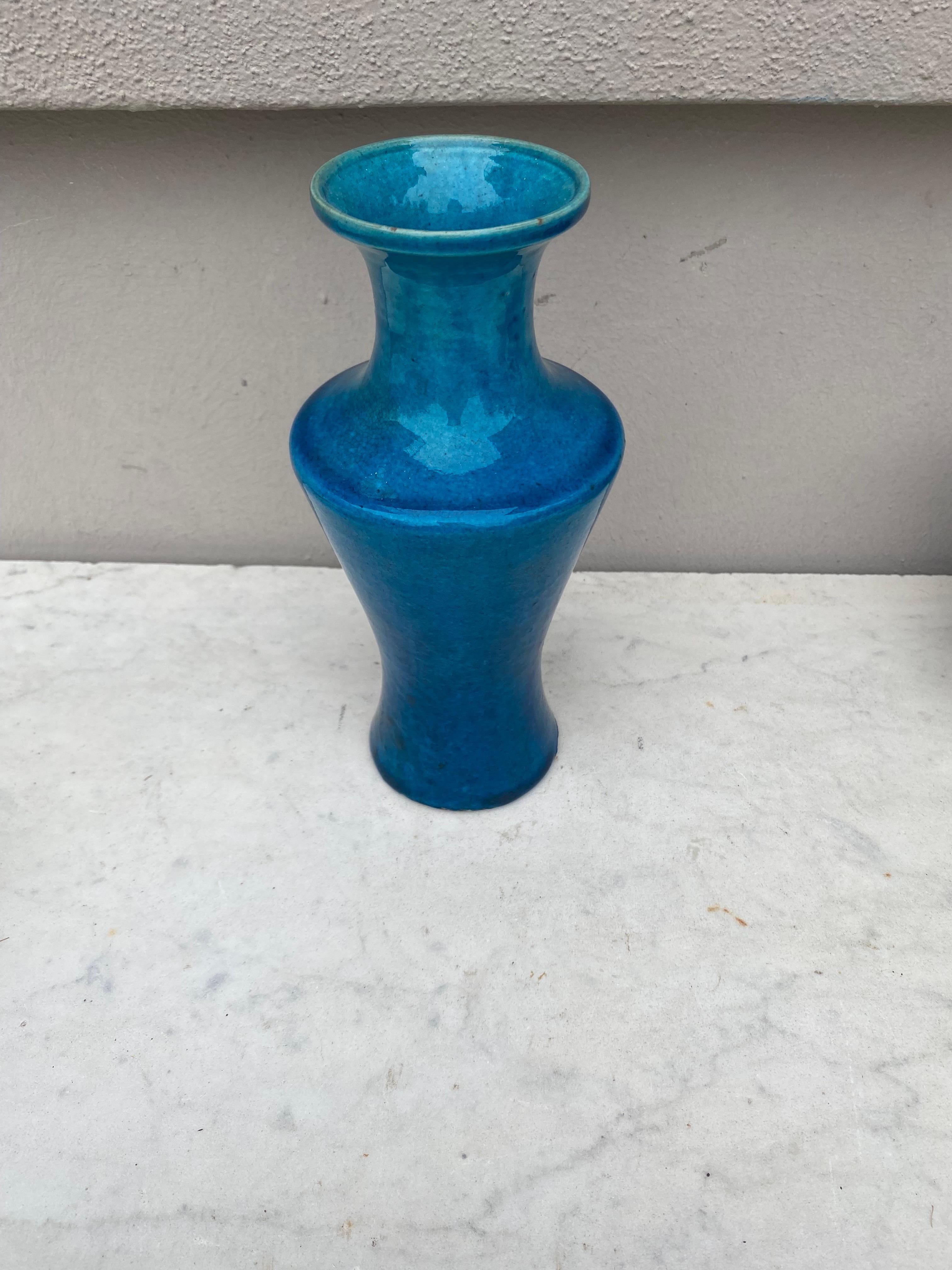 French Art Deco Turquoise Vase Lachenal In Good Condition For Sale In Austin, TX