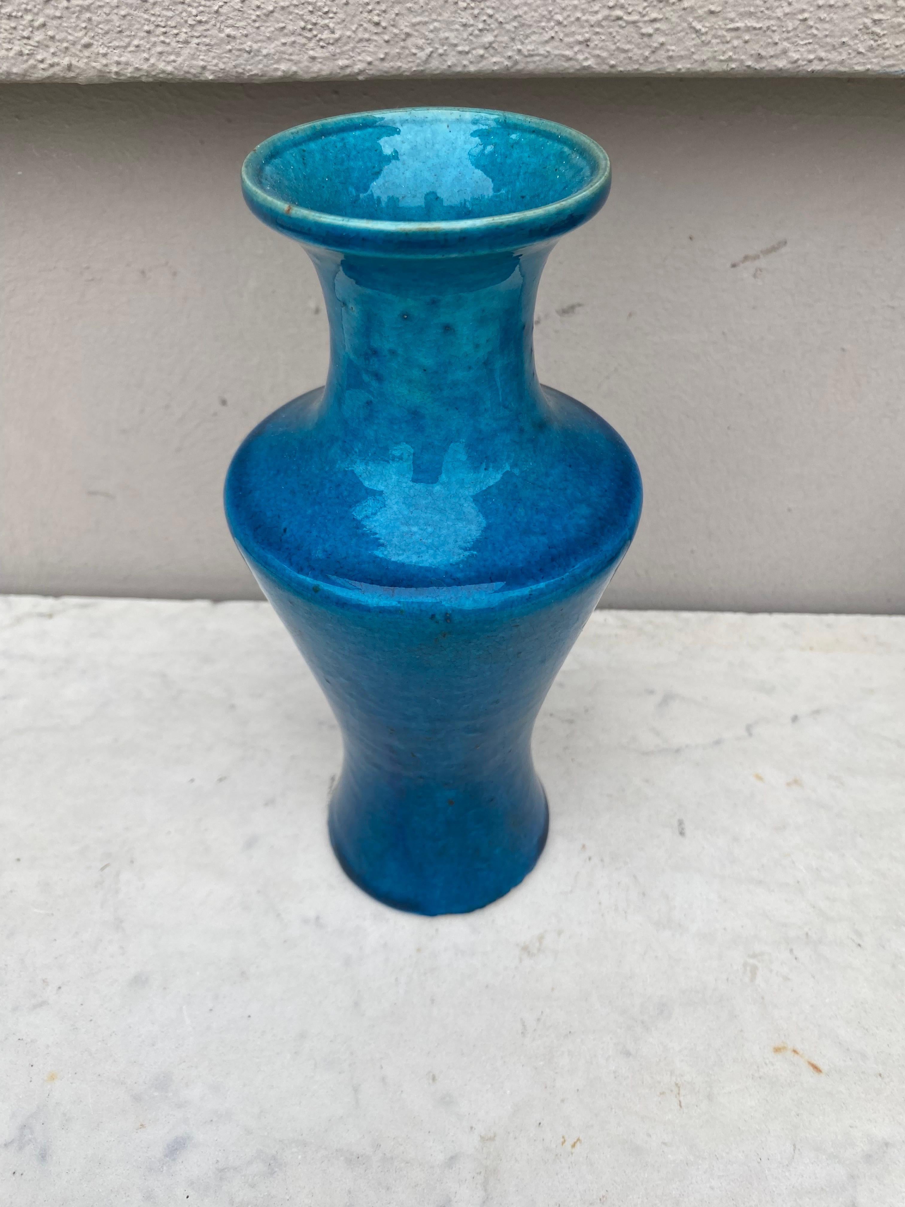 Mid-20th Century French Art Deco Turquoise Vase Lachenal For Sale
