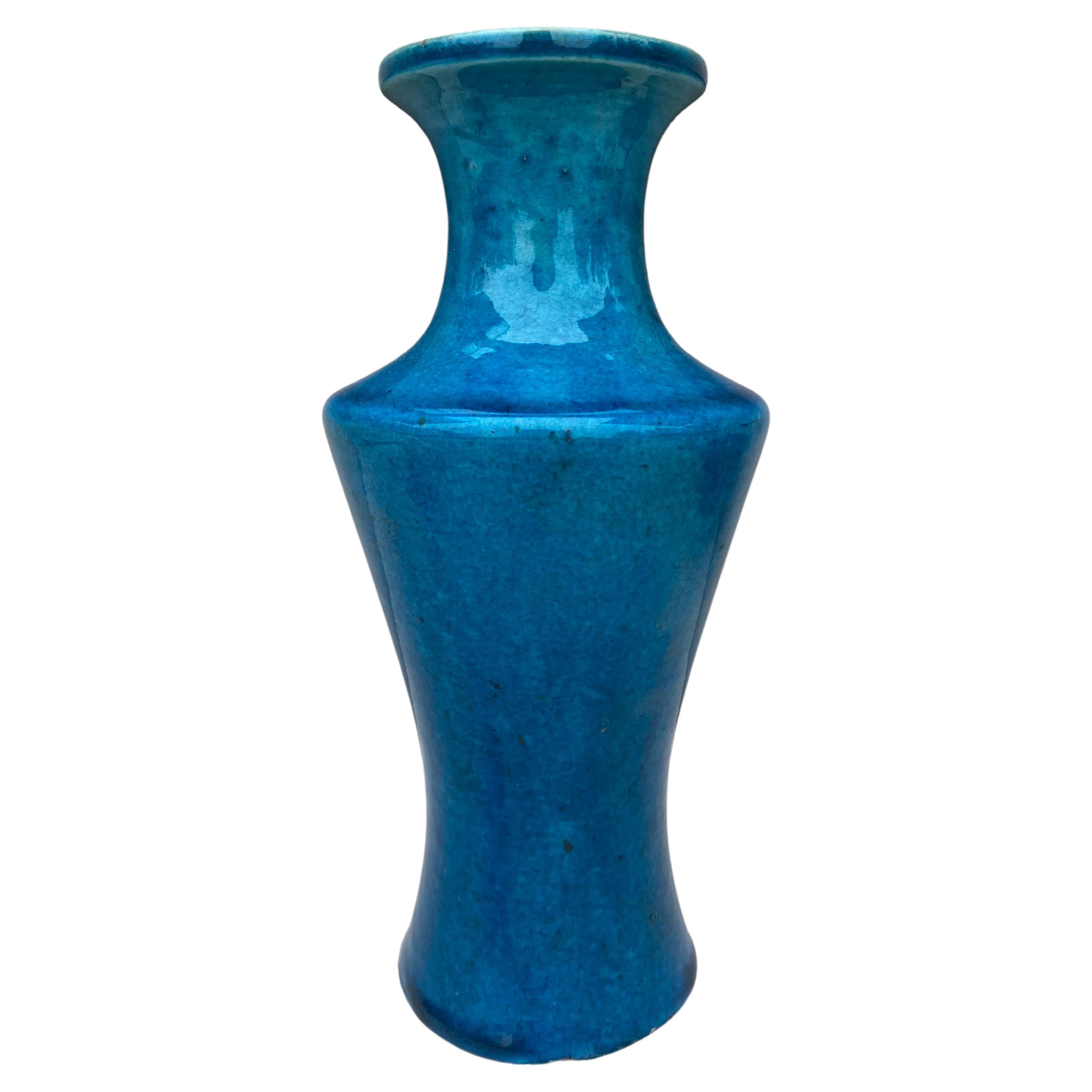 French Art Deco Turquoise Vase Lachenal For Sale