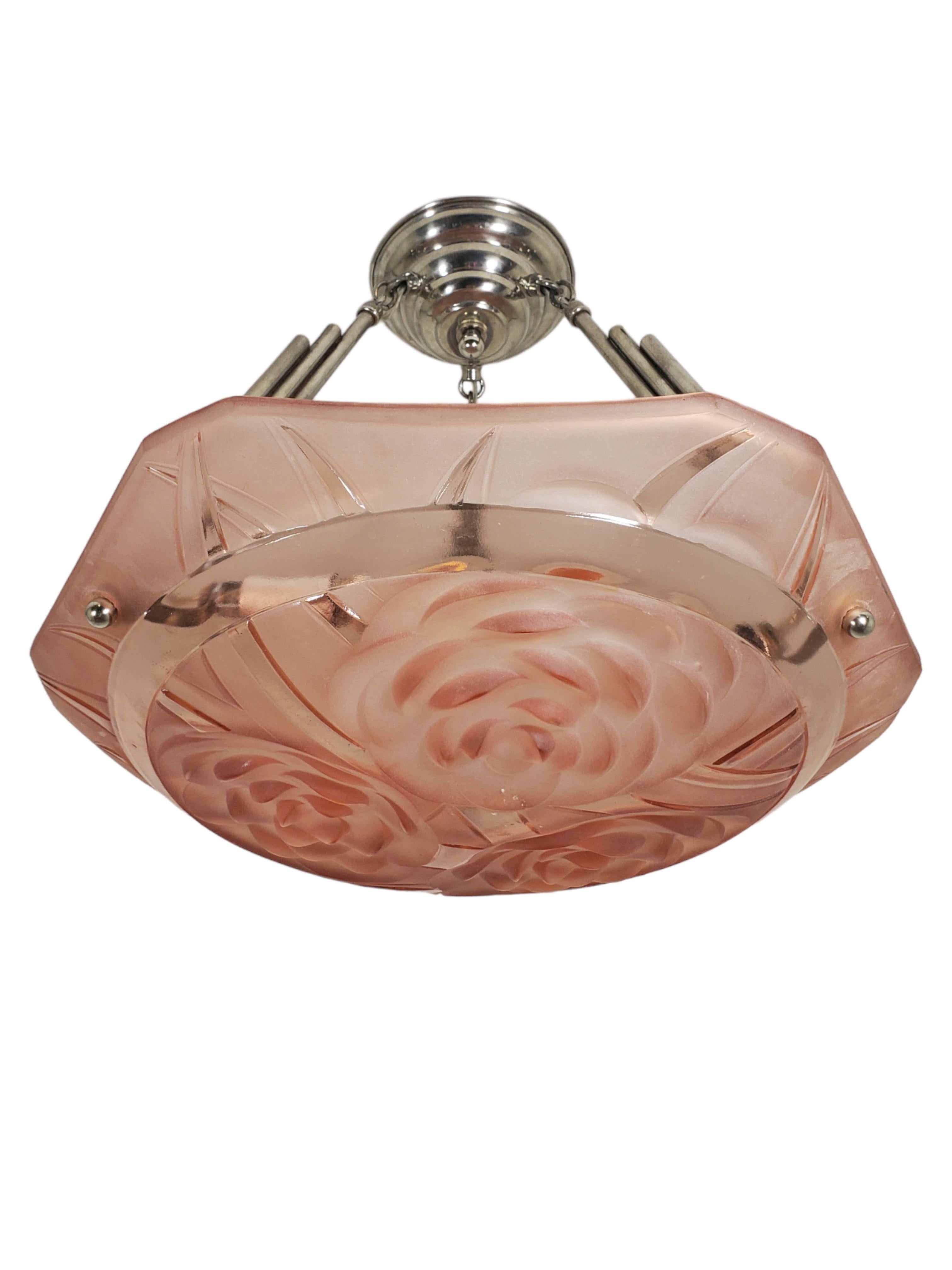 French Art Deco twelve sided floral pendant in peach blush w/ nickel mount In Good Condition In New York City, NY