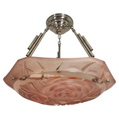  French Art Deco twelve sided floral pendant in peach blush w/ nickel mount