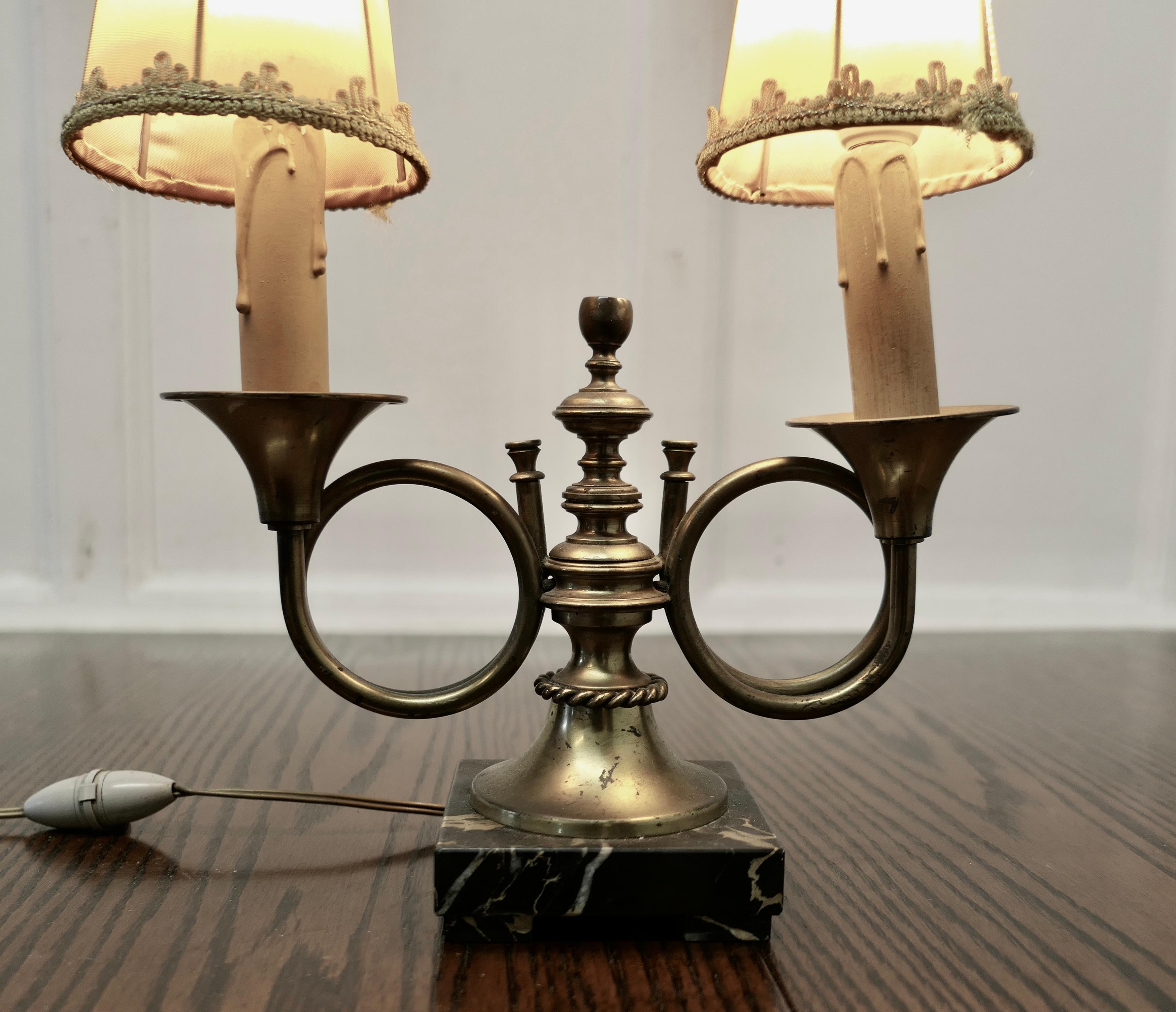 Brass French Art Deco Twin Table Lamp, Hunting Design  This is a charming piece For Sale