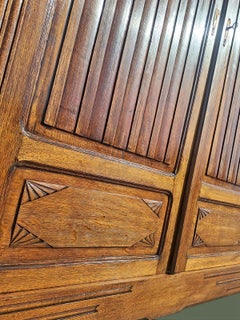 French Art Deco Two-Door Armoire, Carved Hardwood, Gilt Locks, 1930s