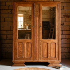 French Art Deco Two-Door Armoire, Red Pine, Carved Panel, 1930s