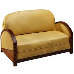 Canapé deux places Art déco français en Wood et simili cuir jaune