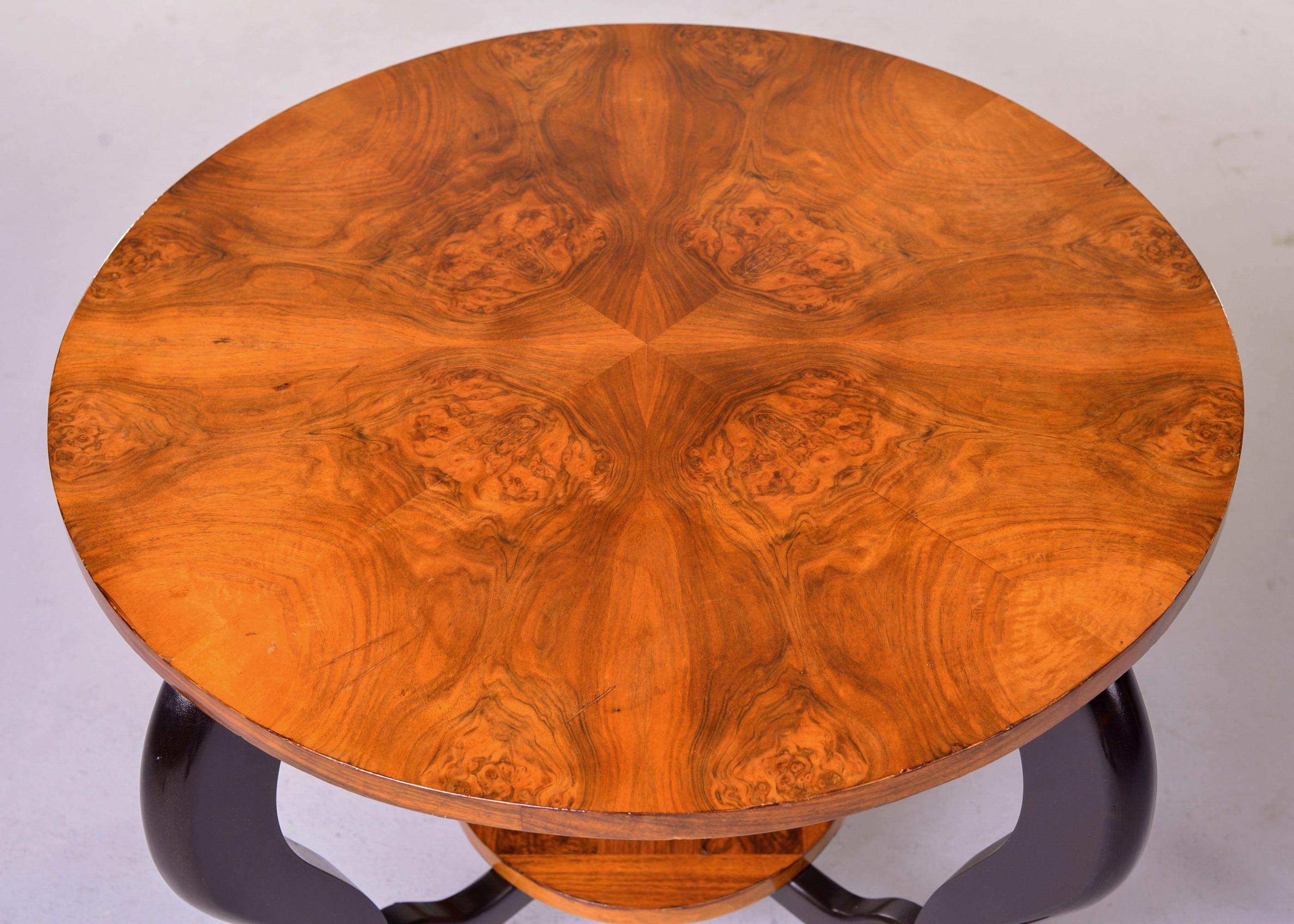 French Art Deco Two Tier Round Burl Wood Table with Black Legs 4