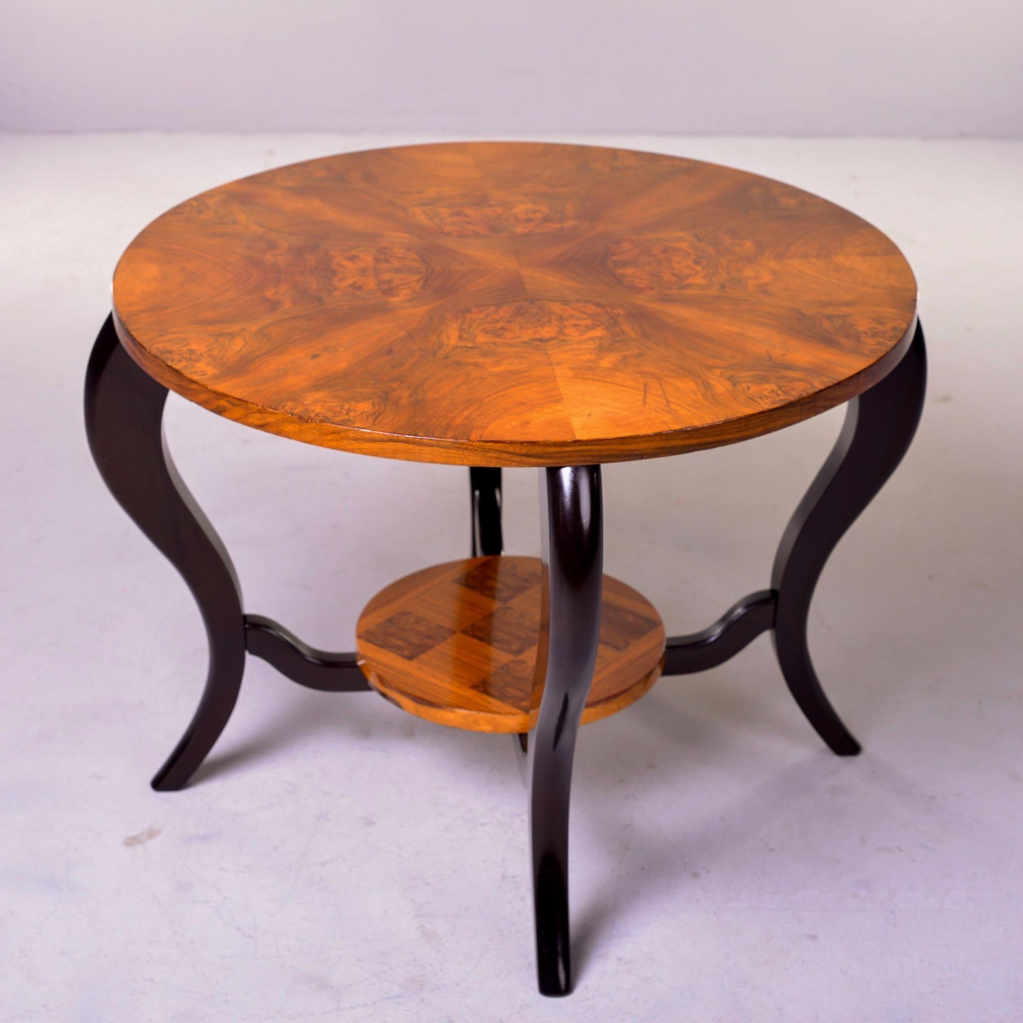 French Art Deco Two Tier Round Burl Wood Table with Black Legs 5