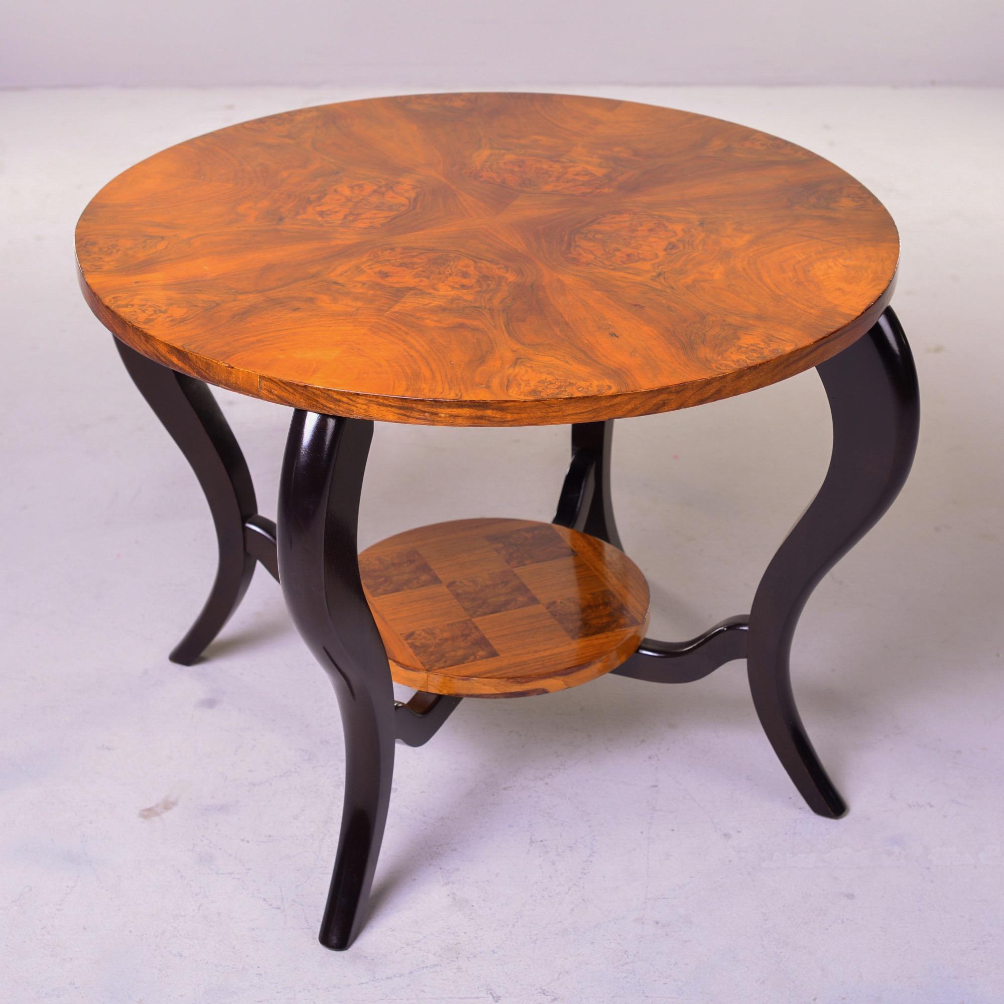 French Art Deco Two Tier Round Burl Wood Table with Black Legs 6