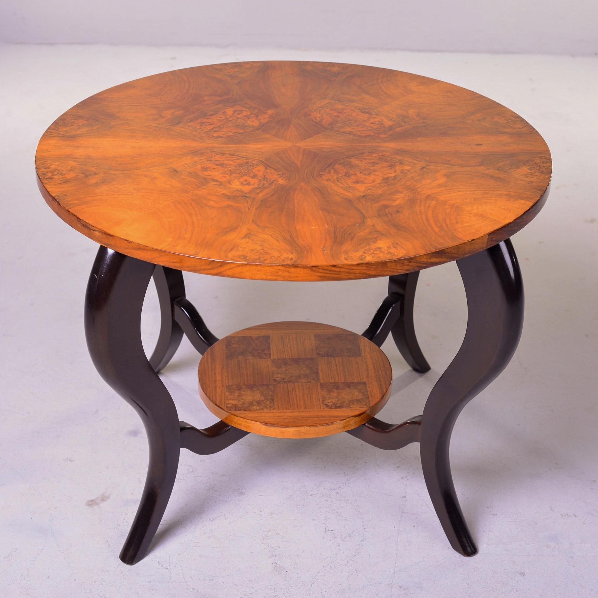 French Art Deco Two Tier Round Burl Wood Table with Black Legs 7