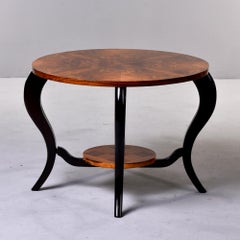 French Art Deco Two Tier Round Burl Wood Table with Black Legs