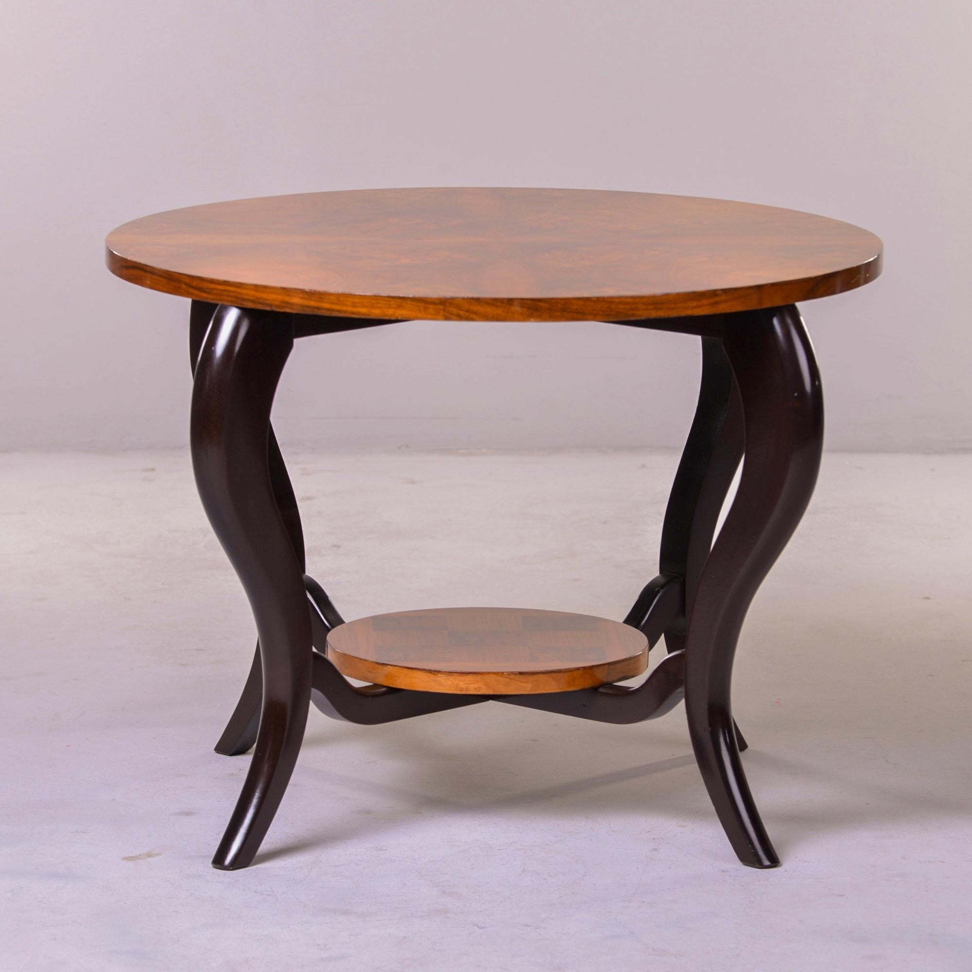 Parquetry French Art Deco Two Tier Round Burl Wood Table with Black Legs
