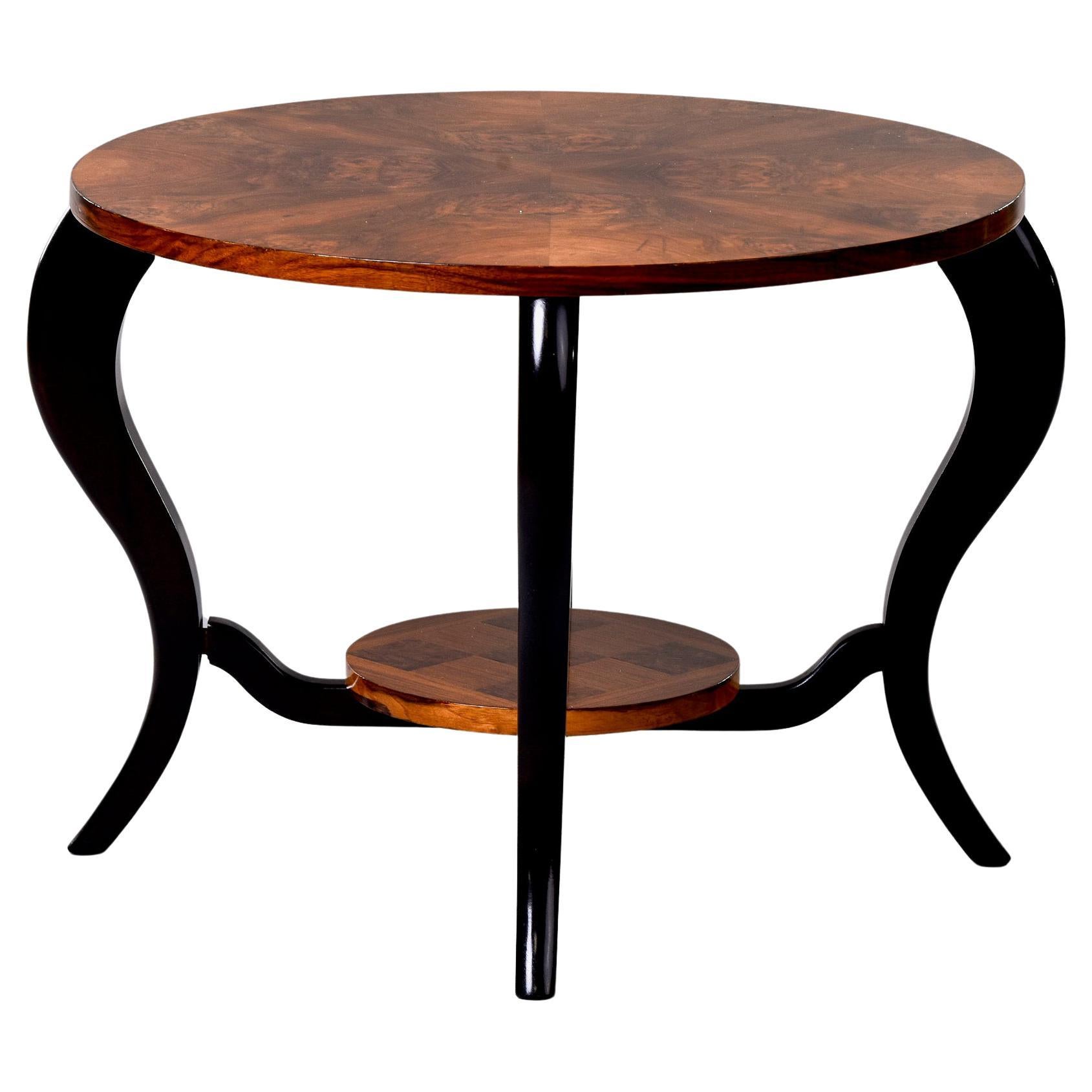 French Art Deco Two Tier Round Burl Wood Table with Black Legs