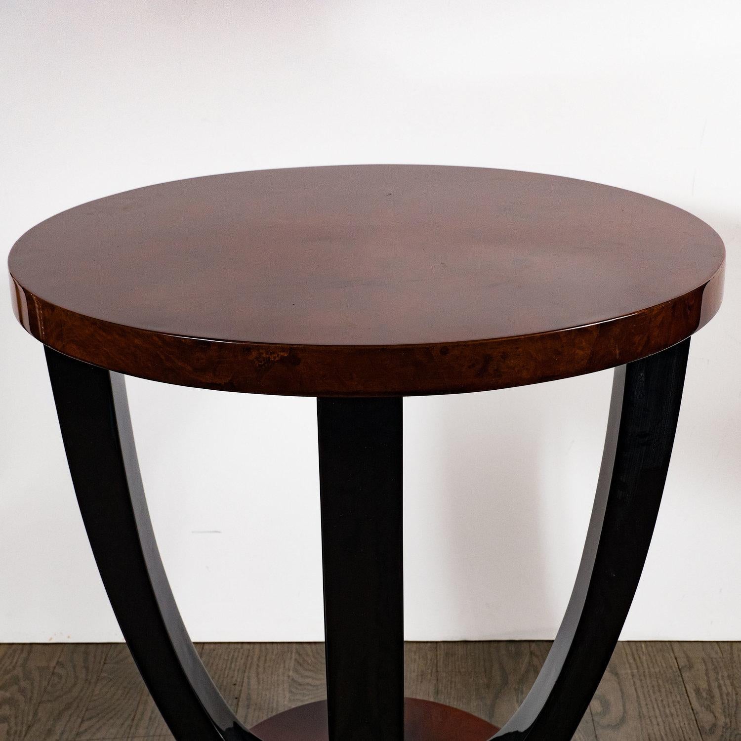 Mid-20th Century French Art Deco Two-Tiered Bookmatched Walnut and Black Lacquer Gueridon Table