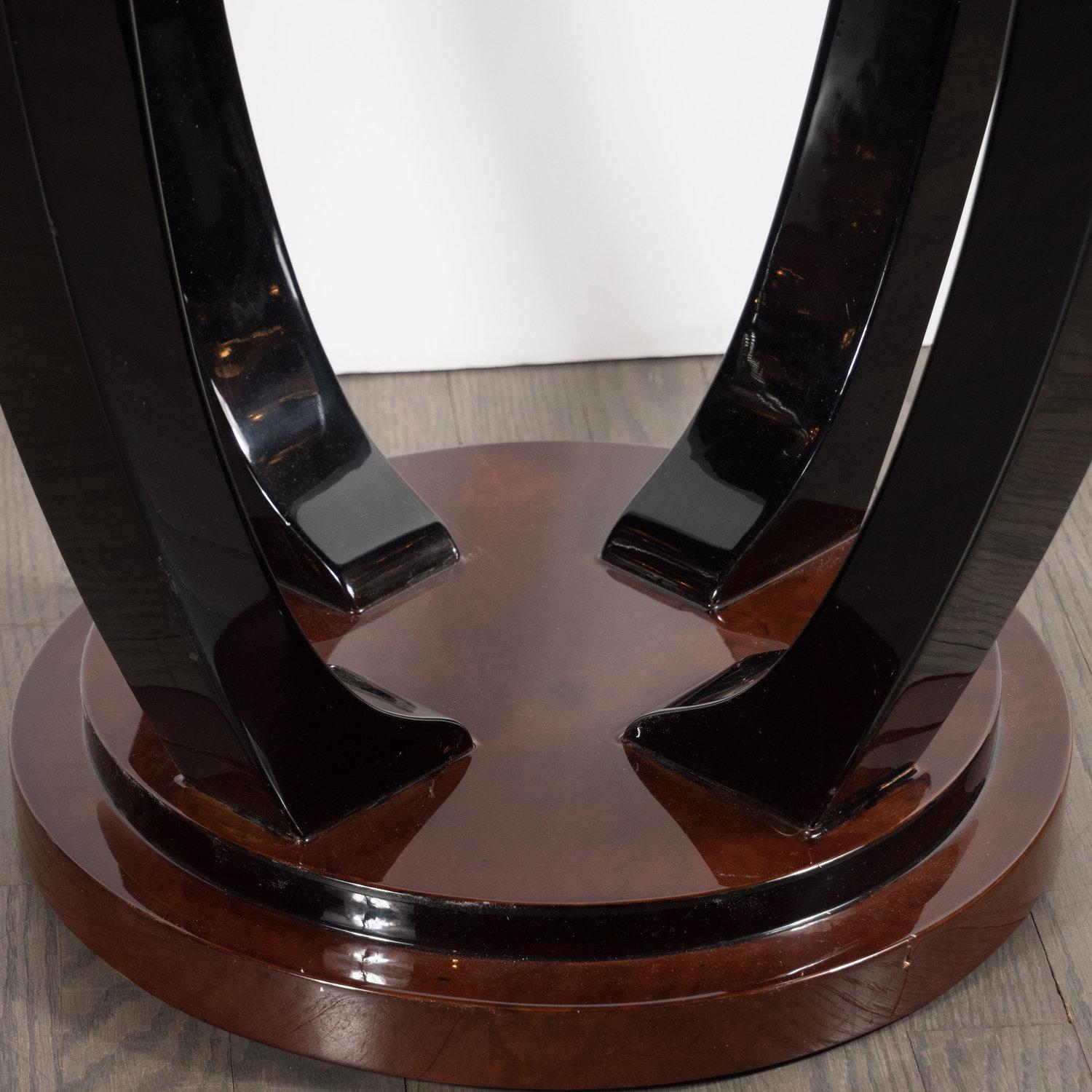 French Art Deco Two-Tiered Bookmatched Walnut and Black Lacquer Gueridon Table 1