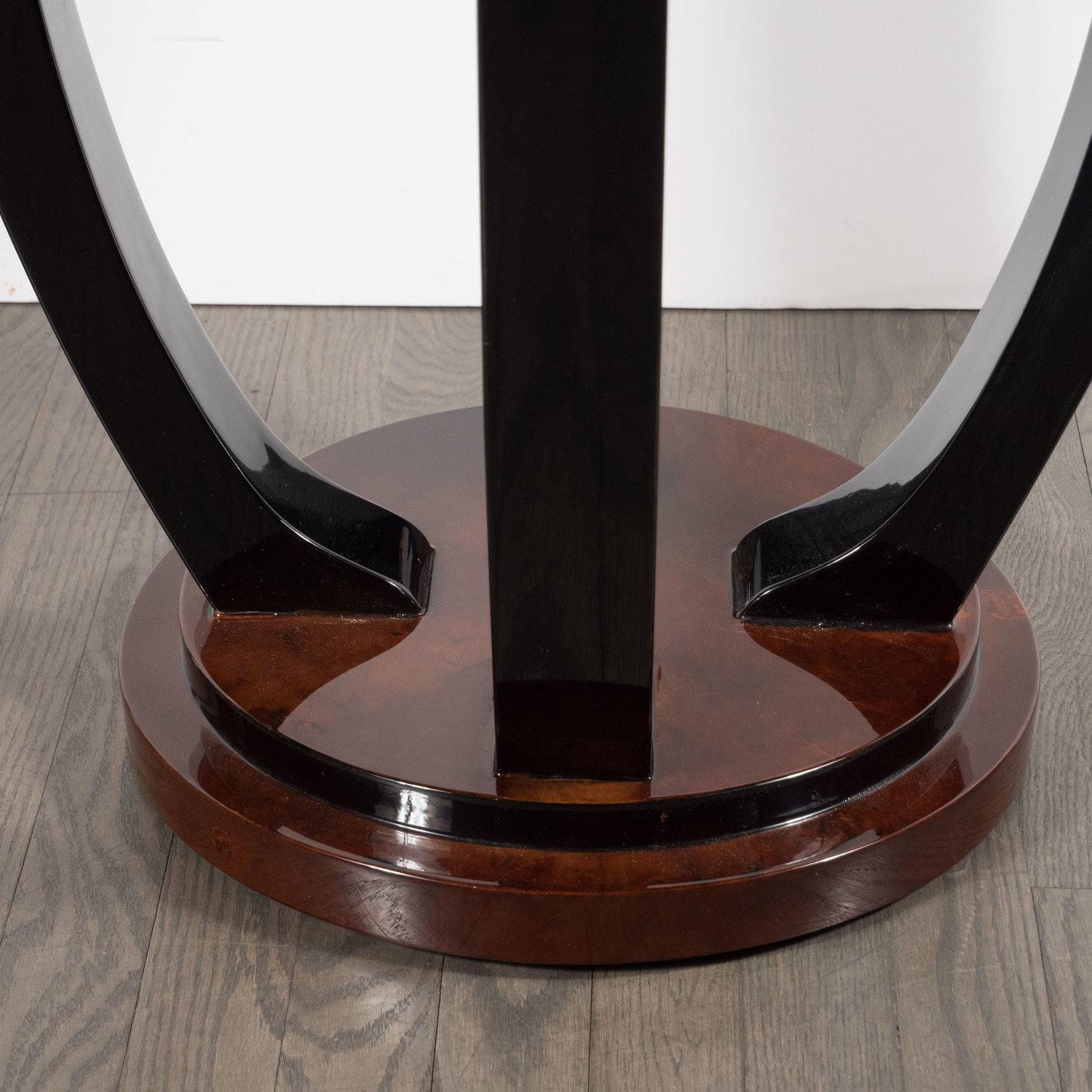 French Art Deco Two-Tiered Bookmatched Walnut and Black Lacquer Gueridon Table 2