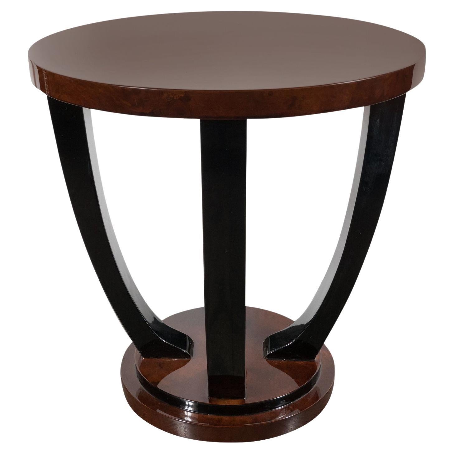 French Art Deco Two-Tiered Bookmatched Walnut and Black Lacquer Gueridon Table