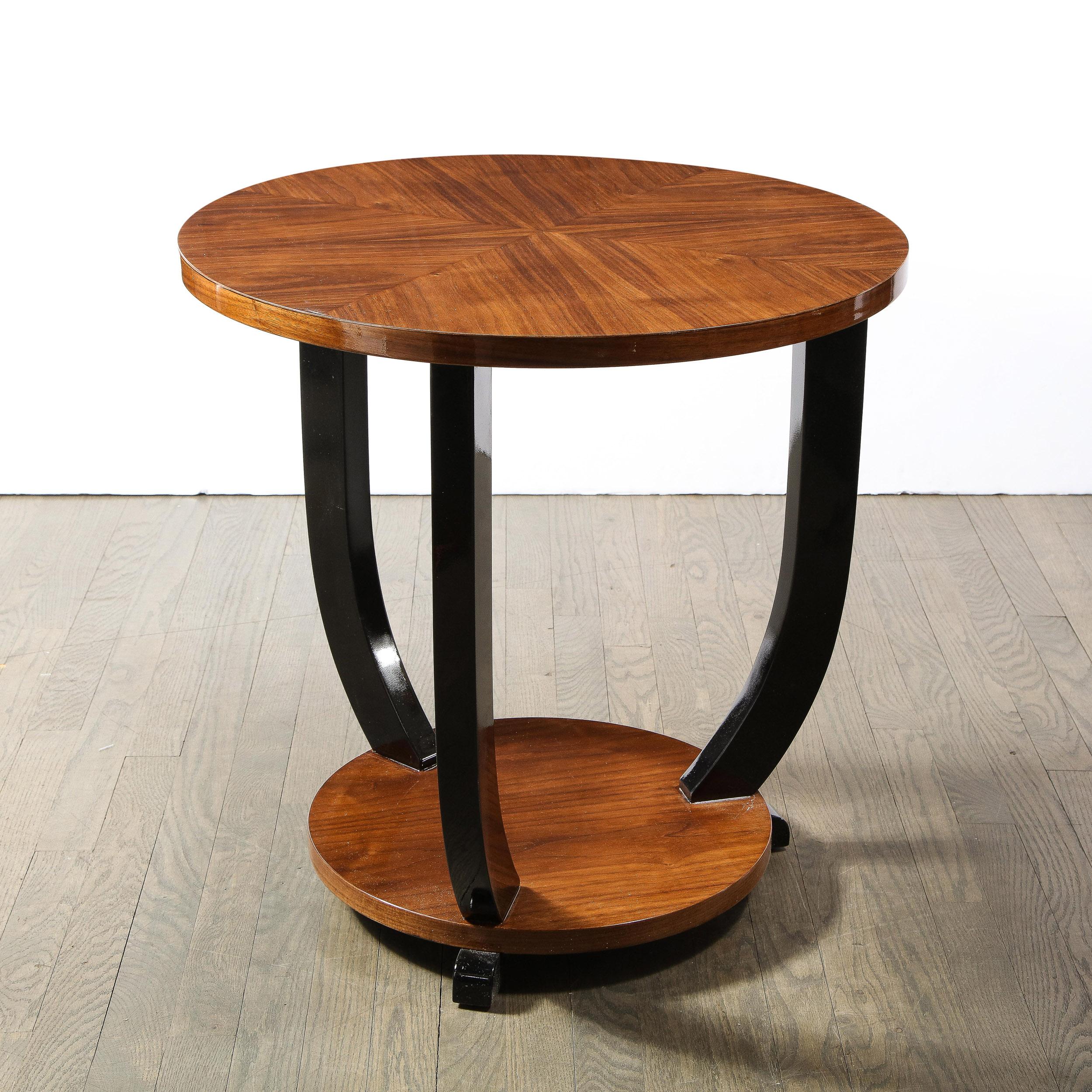 French Art Deco Two-Tiered Bookmatched Walnut & Black Lacquer Gueridon Table For Sale 6