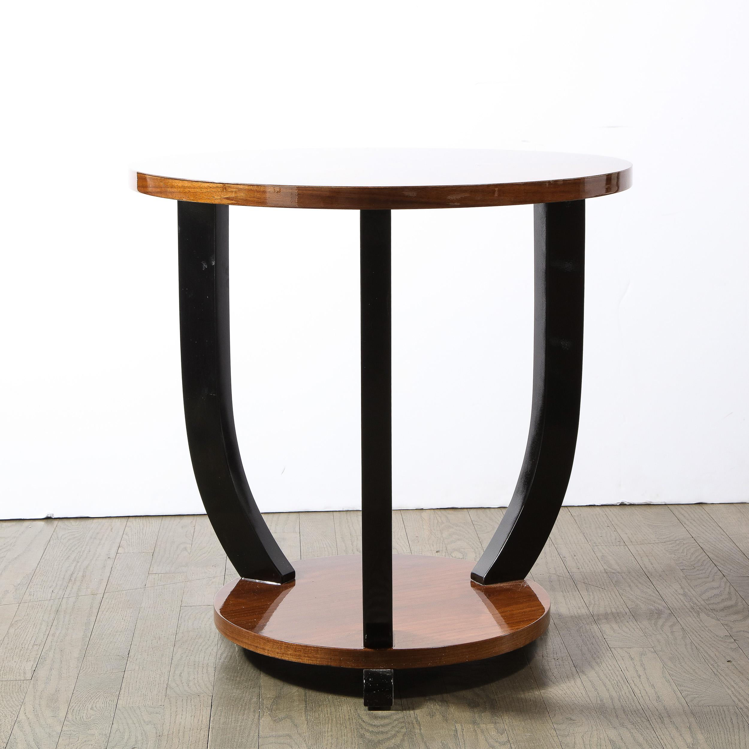 French Art Deco Two-Tiered Bookmatched Walnut & Black Lacquer Gueridon Table For Sale 7