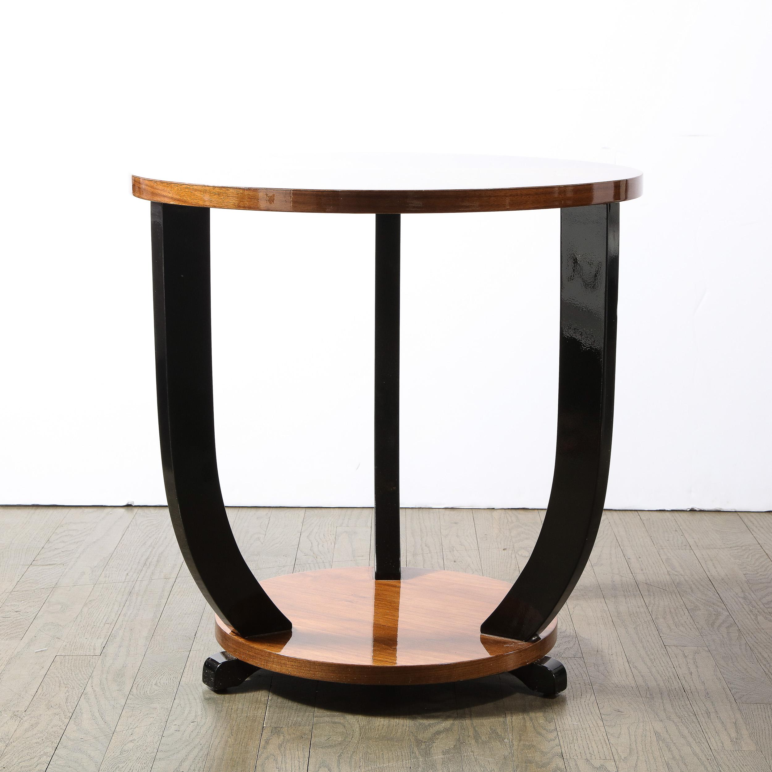 French Art Deco Two-Tiered Bookmatched Walnut & Black Lacquer Gueridon Table For Sale 8