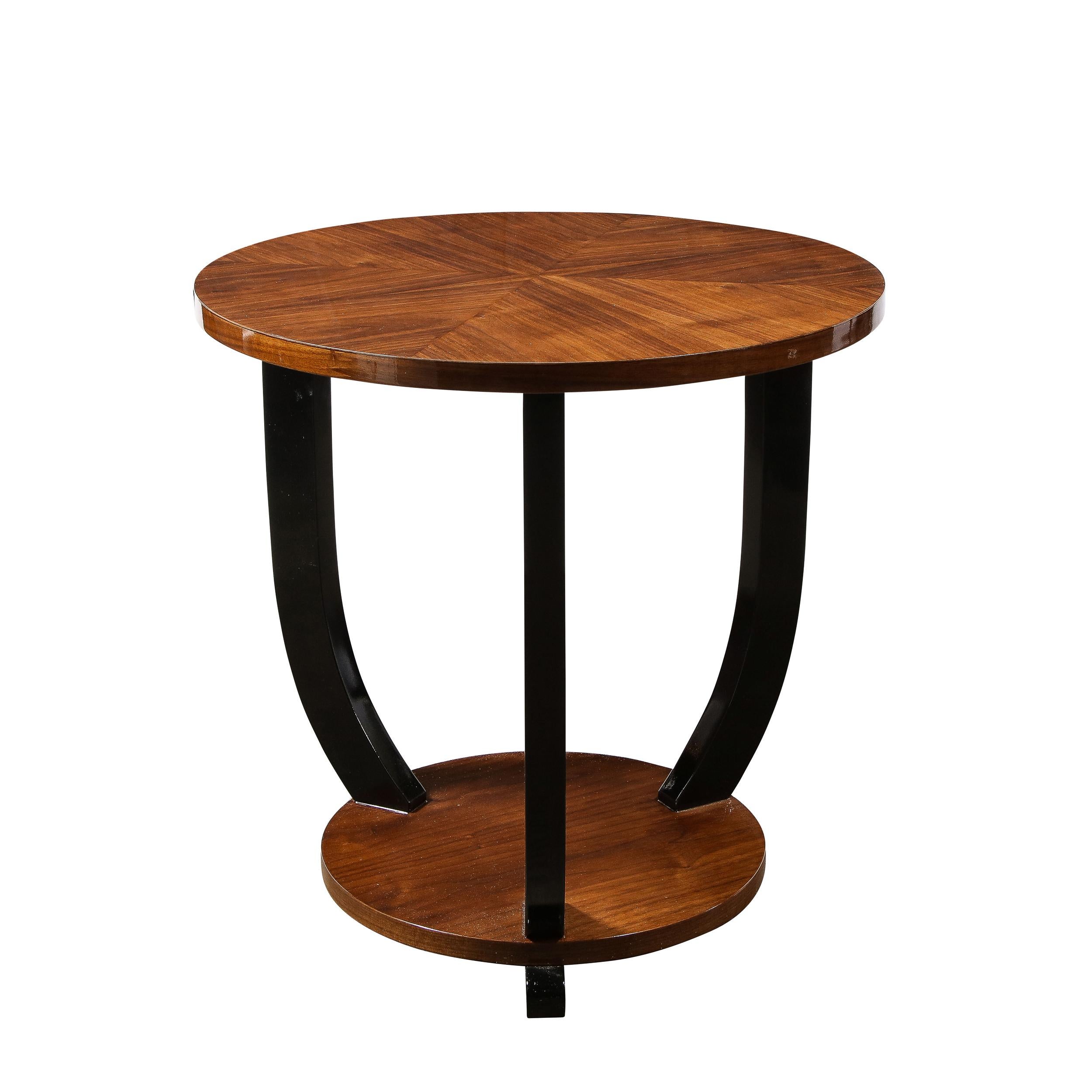 French Art Deco Two-Tiered Bookmatched Walnut & Black Lacquer Gueridon Table In Excellent Condition For Sale In New York, NY