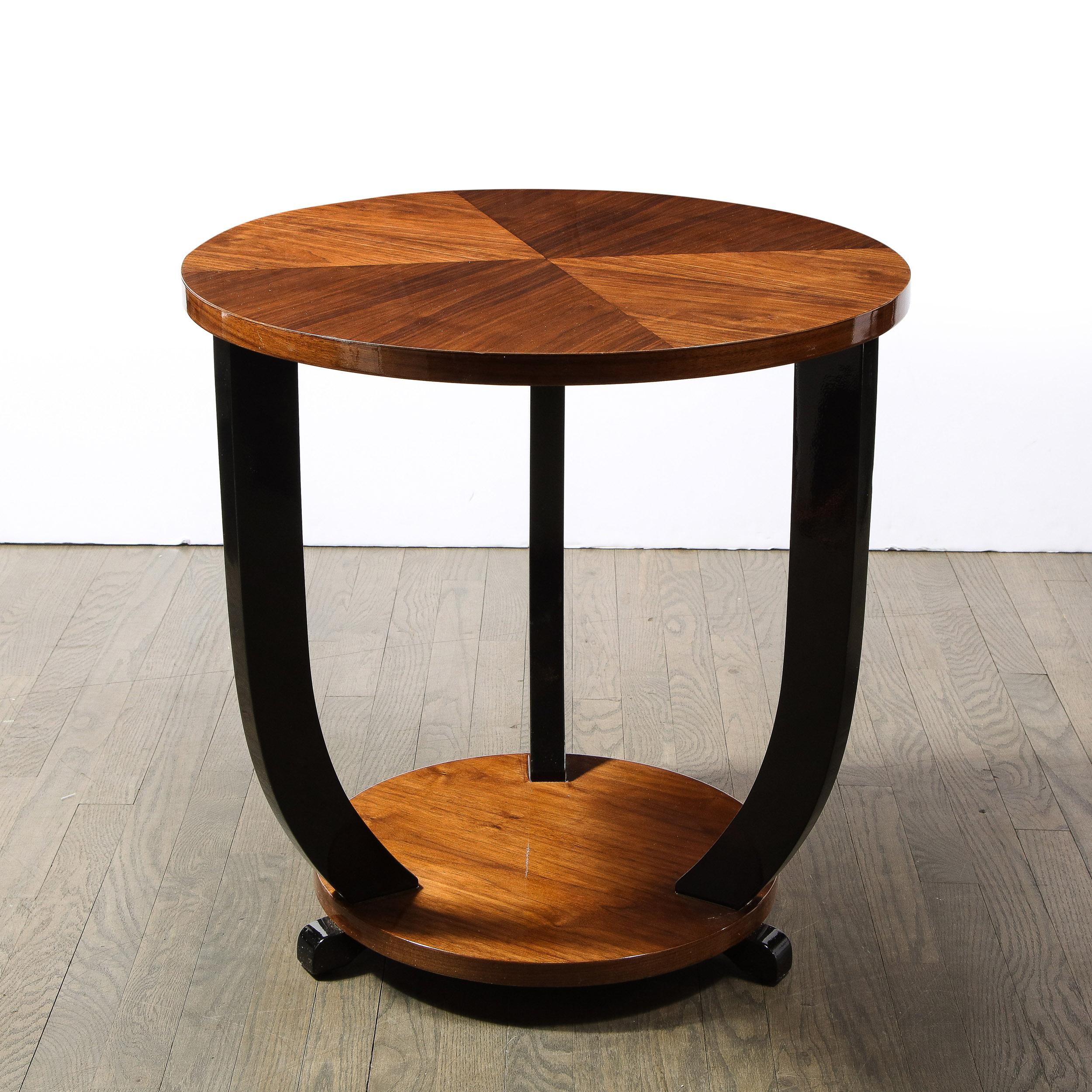 Mid-20th Century French Art Deco Two-Tiered Bookmatched Walnut & Black Lacquer Gueridon Table For Sale