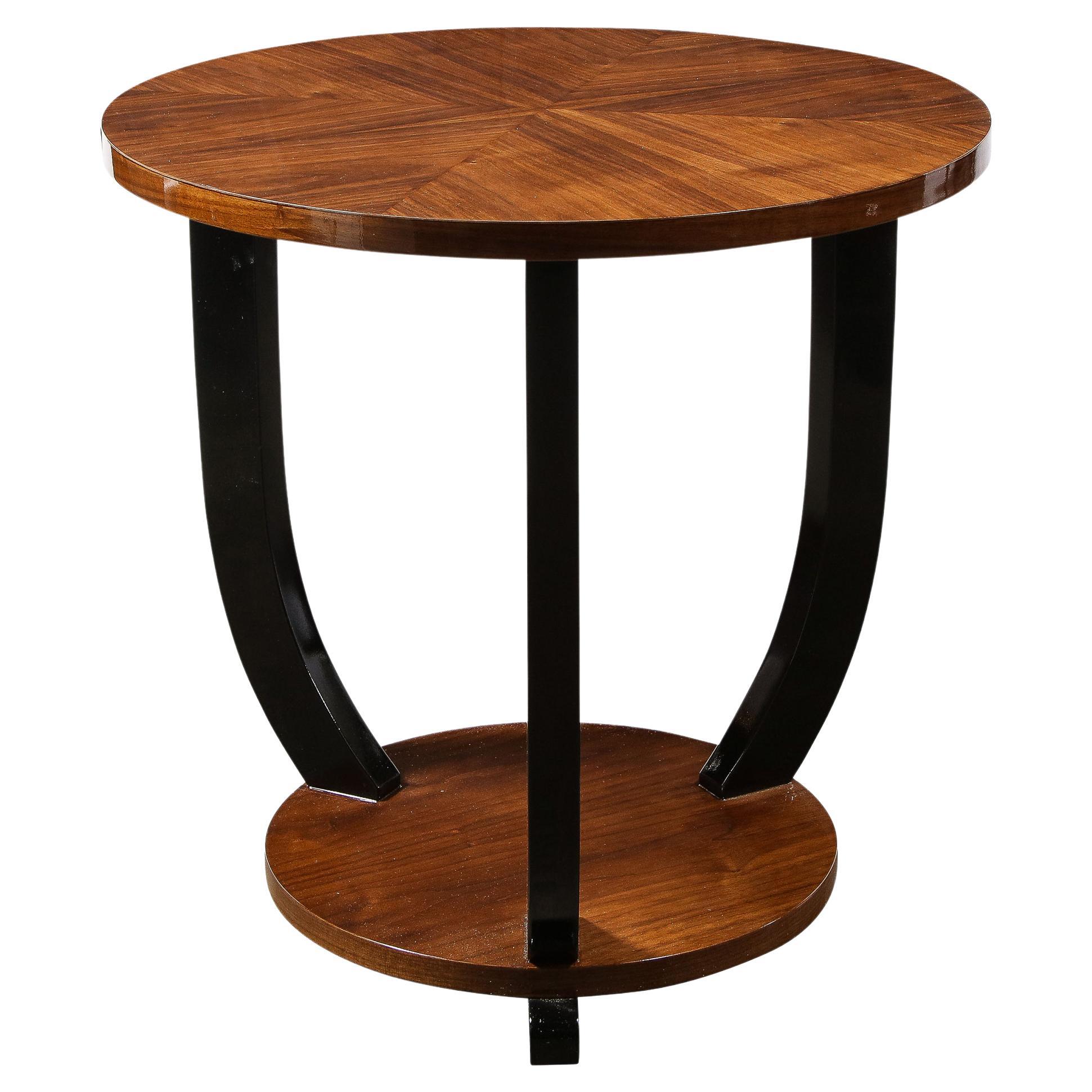 French Art Deco Two-Tiered Bookmatched Walnut & Black Lacquer Gueridon Table For Sale