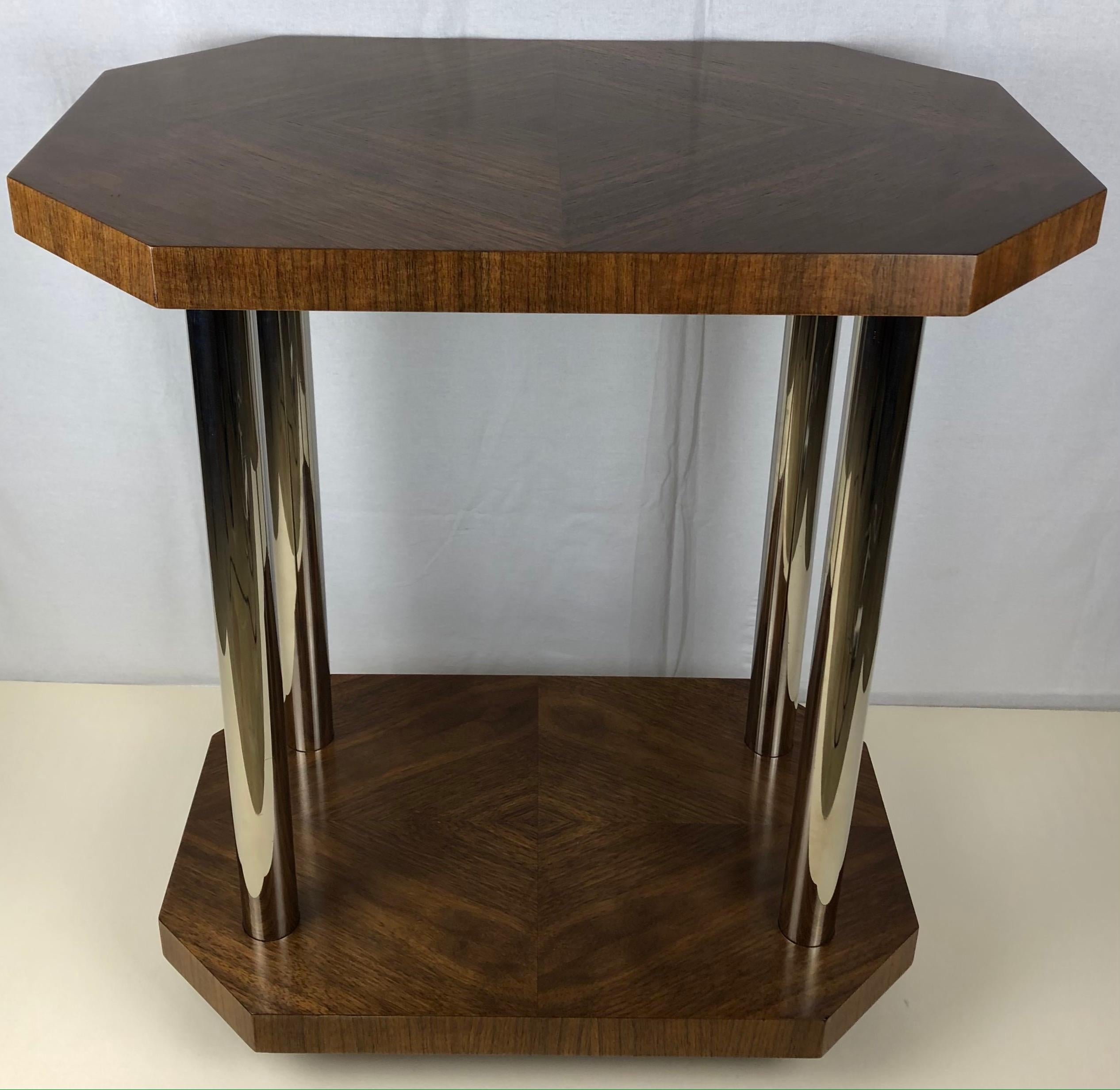 French Art Deco Two-Tiered Tubular Chrome and Walnut Side Table 1