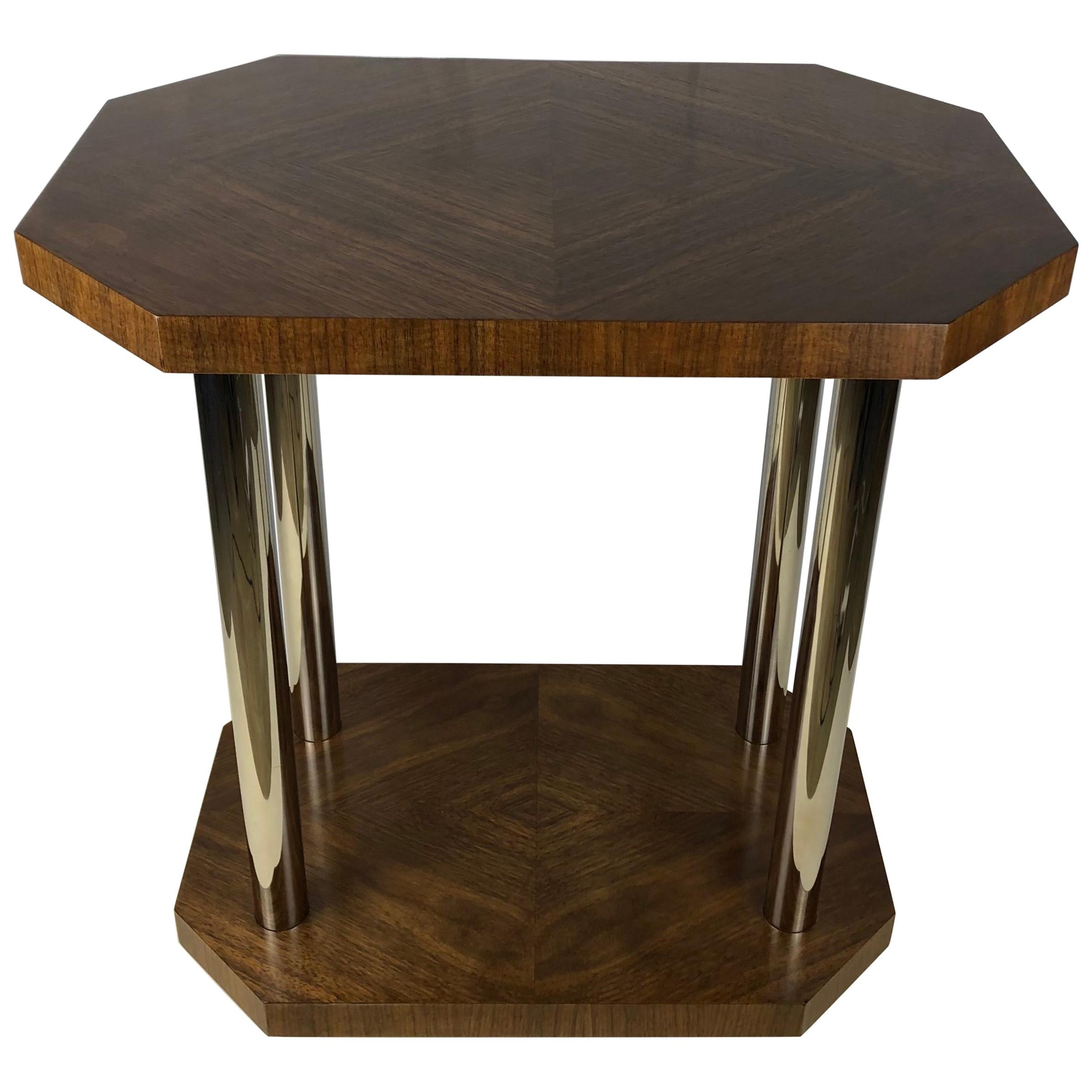 French Art Deco Two-Tiered Tubular Chrome and Walnut Side Table