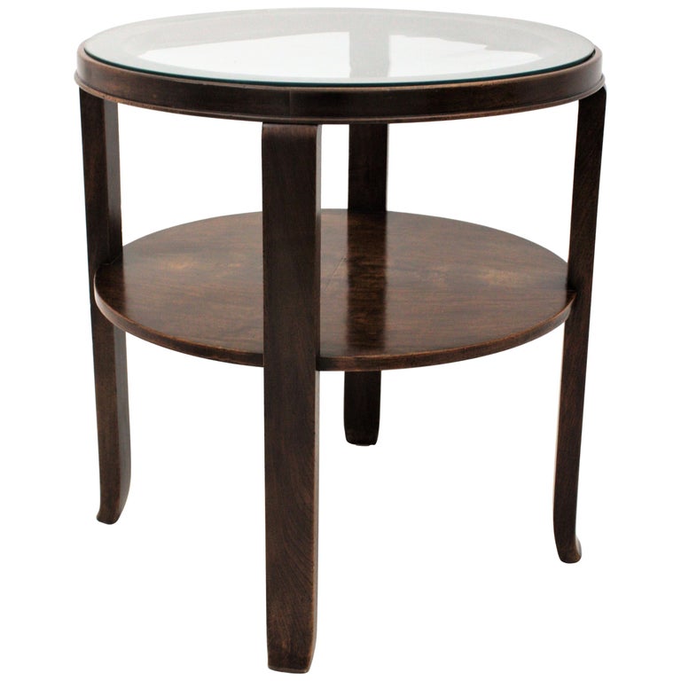 French Art Deco TwoTier Walnut Round Side Table with Glass Top For Sale at 1stdibs