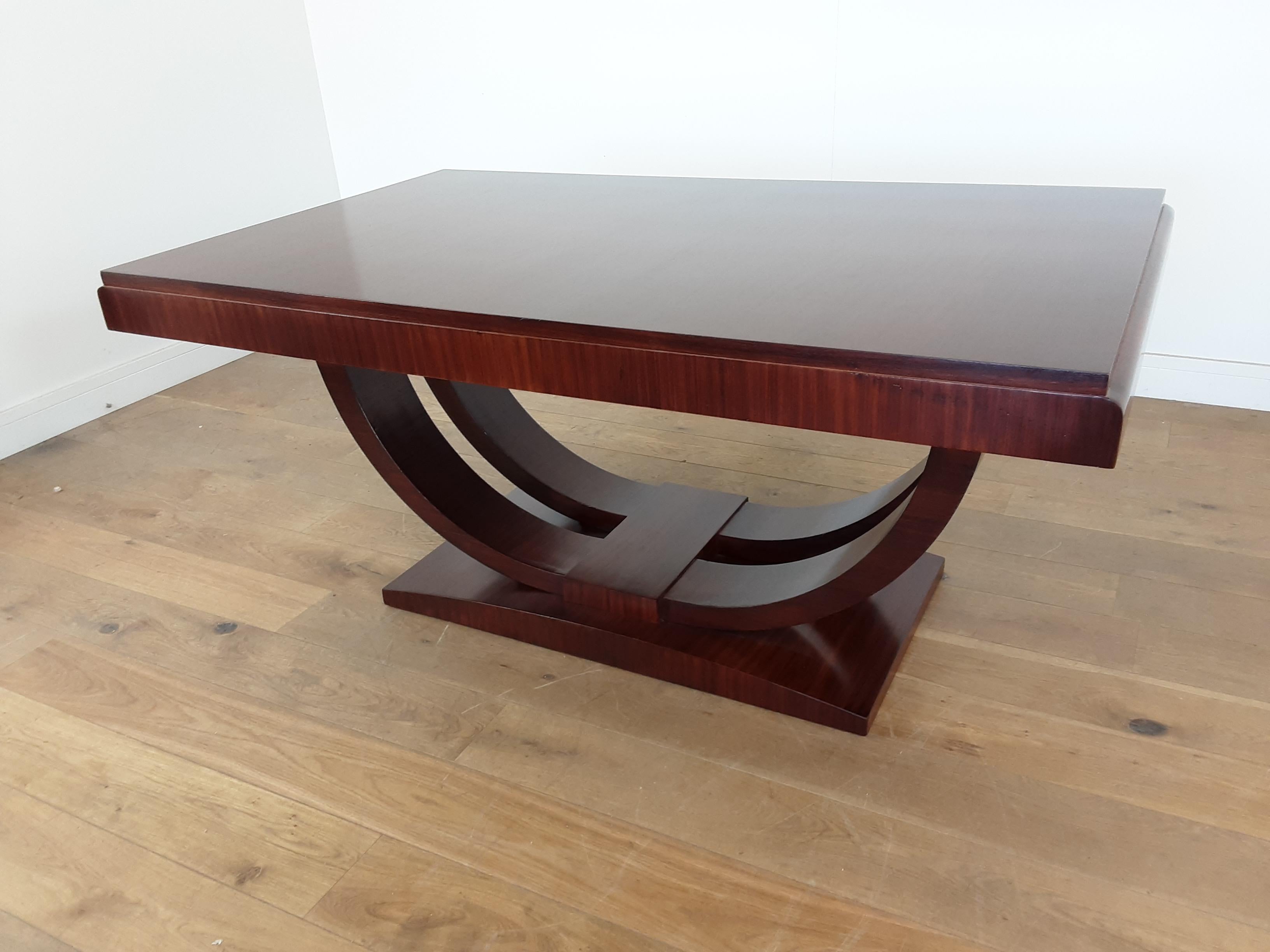 French Art Deco U Base Dining Table and Six Curve Back Dining Chairs in Rosewood For Sale 3