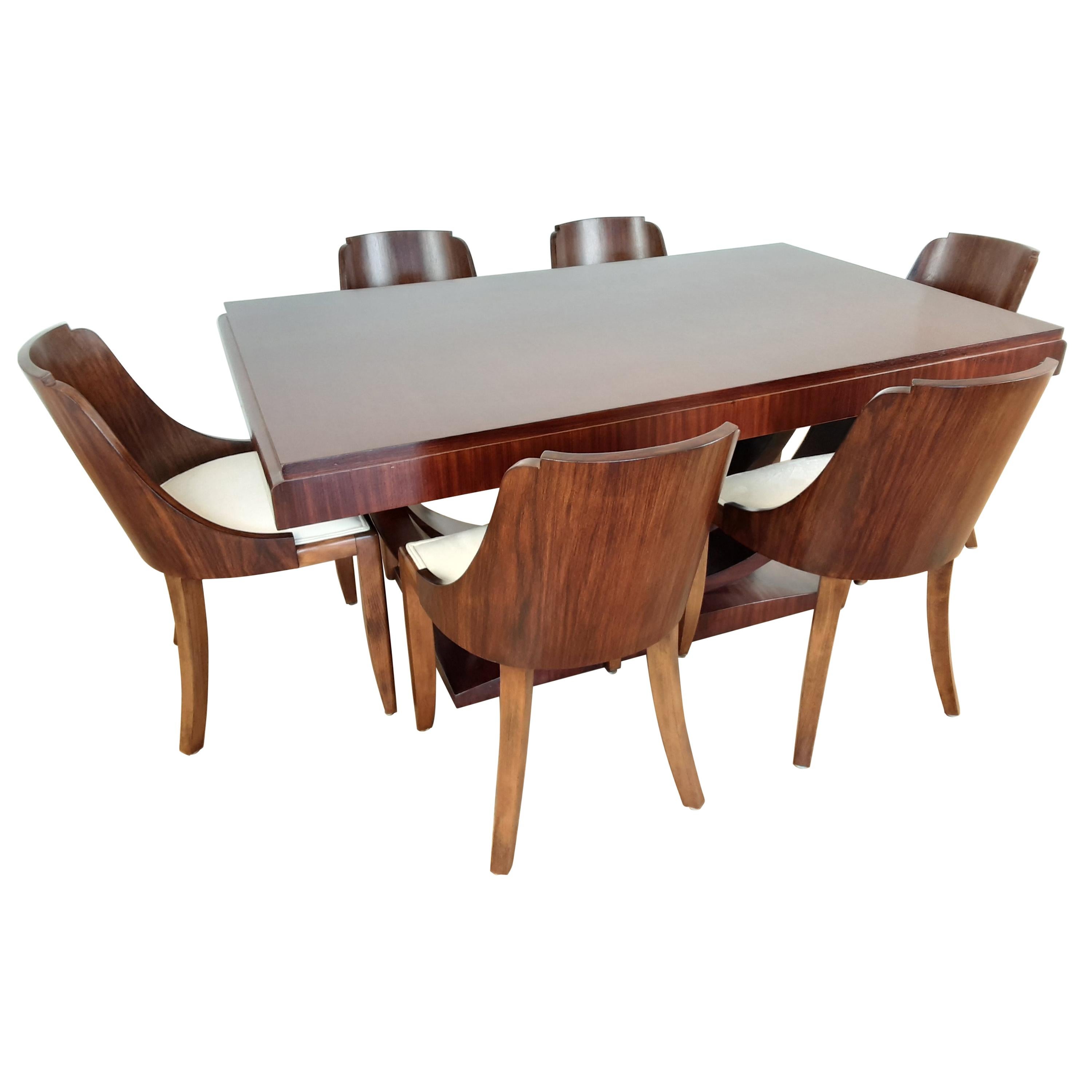 French Art Deco U Base Dining Table and Six Curve Back Dining Chairs in Rosewood For Sale