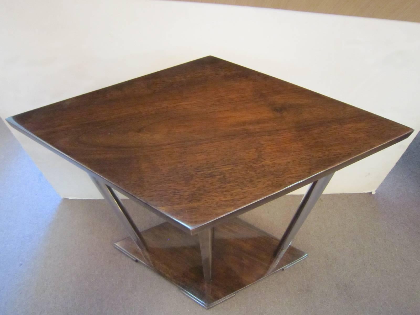 French Art Deco Unusual Diamond Shaped Walnut Side Table with Nickel Supports For Sale 6